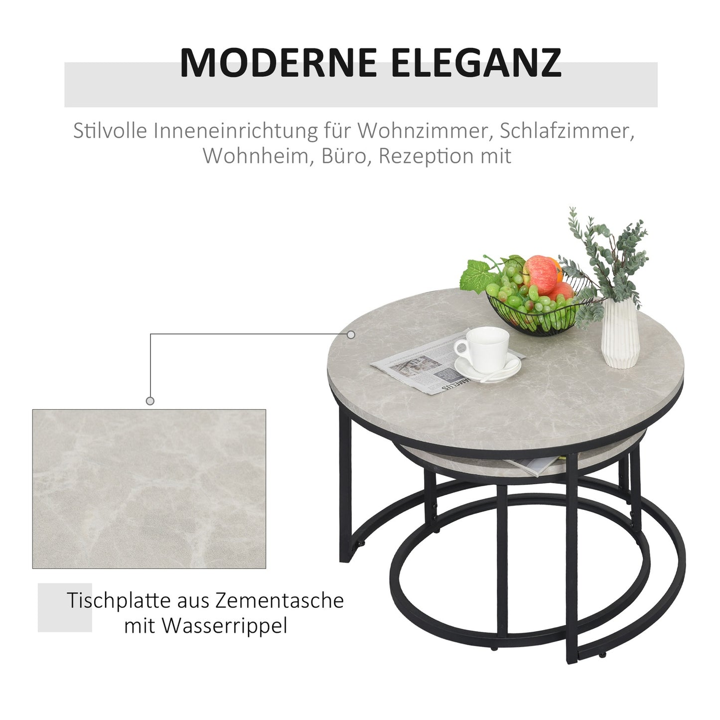 Stackable gray coffee table set, metal frame, for living room