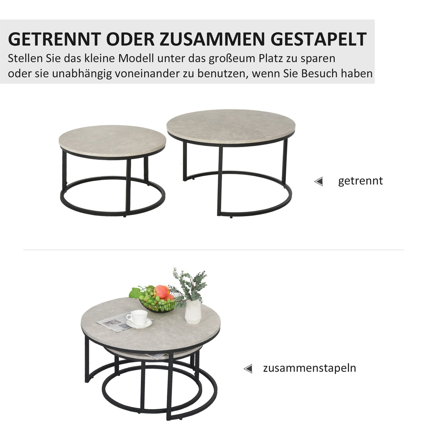Stackable gray coffee table set, metal frame, for living room