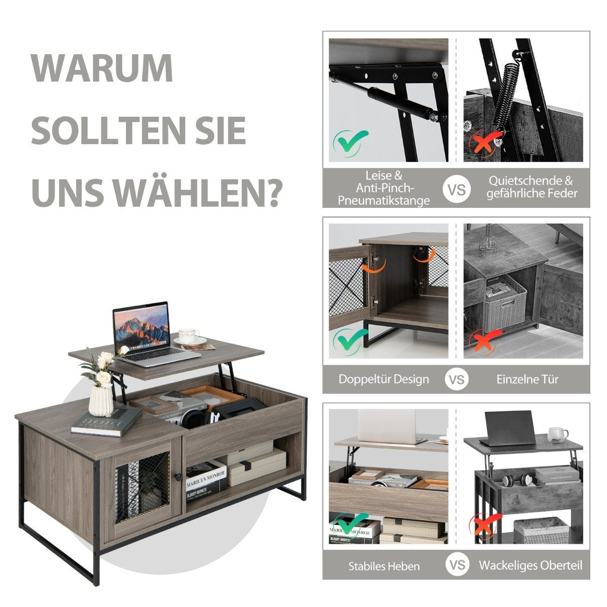 Coffee table with lifting plate, center table with pneumatic lifting device 106 x 55 x 44.5 cm grey