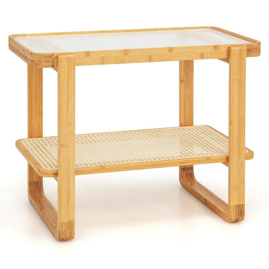 Coffee table with removable glass top & rattan shelf Coffee table with bamboo frame