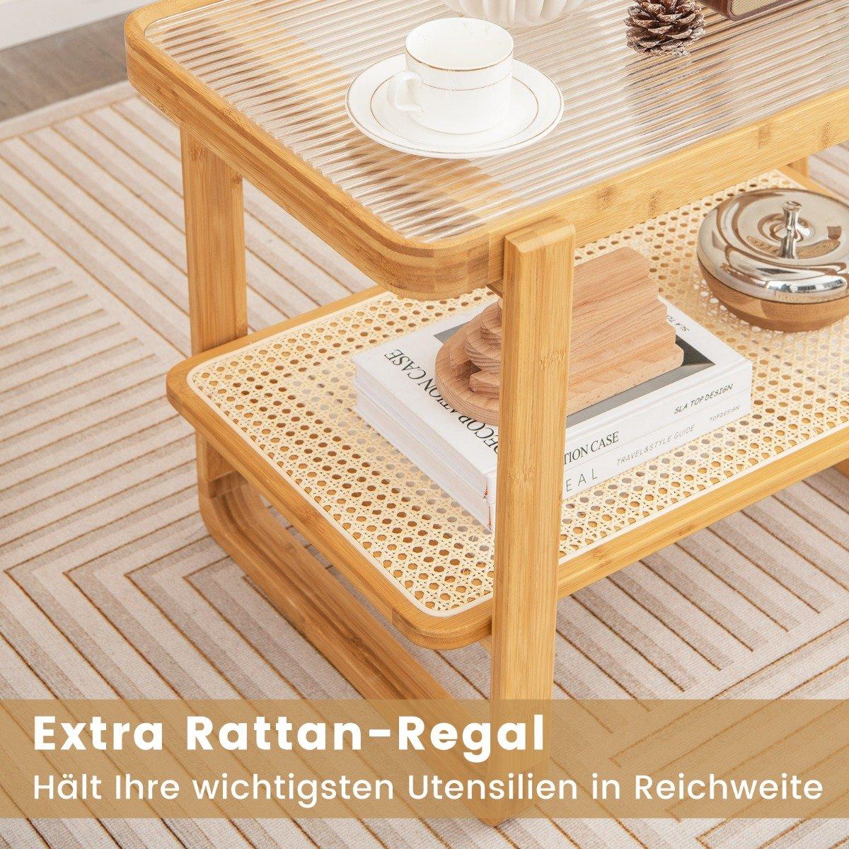 Coffee table with removable glass top & rattan shelf Coffee table with bamboo frame