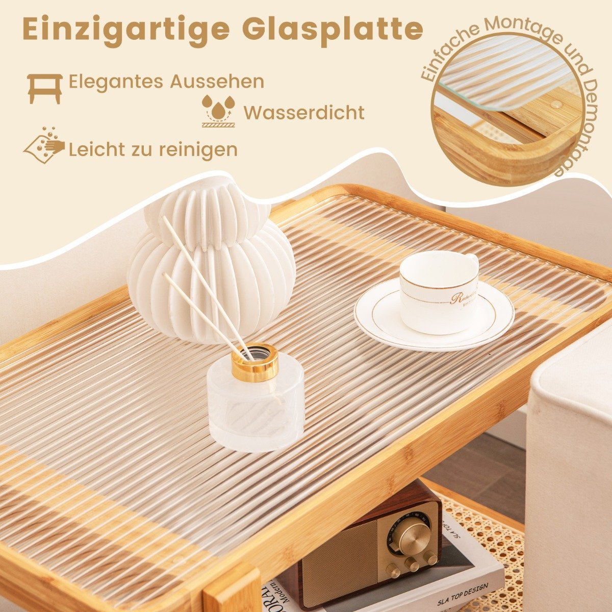 Coffee table with removable glass top & rattan shelf Coffee table with bamboo frame