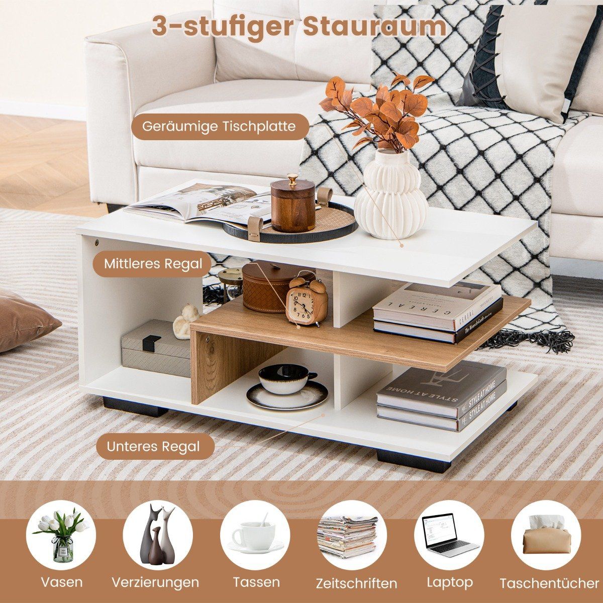 Coffee table with storage &amp; L-shaped center shelf rectangular living room table accent table white