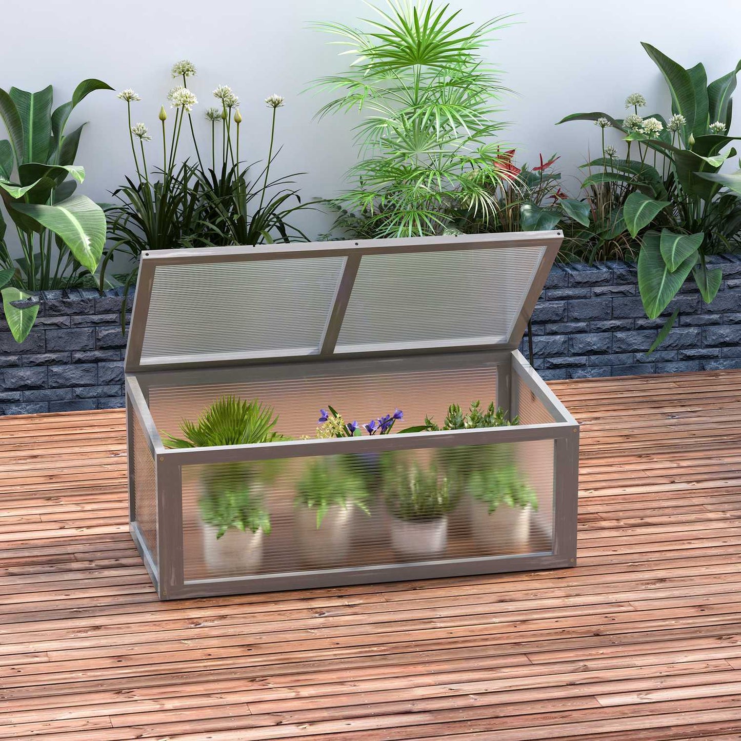 Wood & Polycarbonate Cold Frame Greenhouse, Weatherproof Cover, Grey