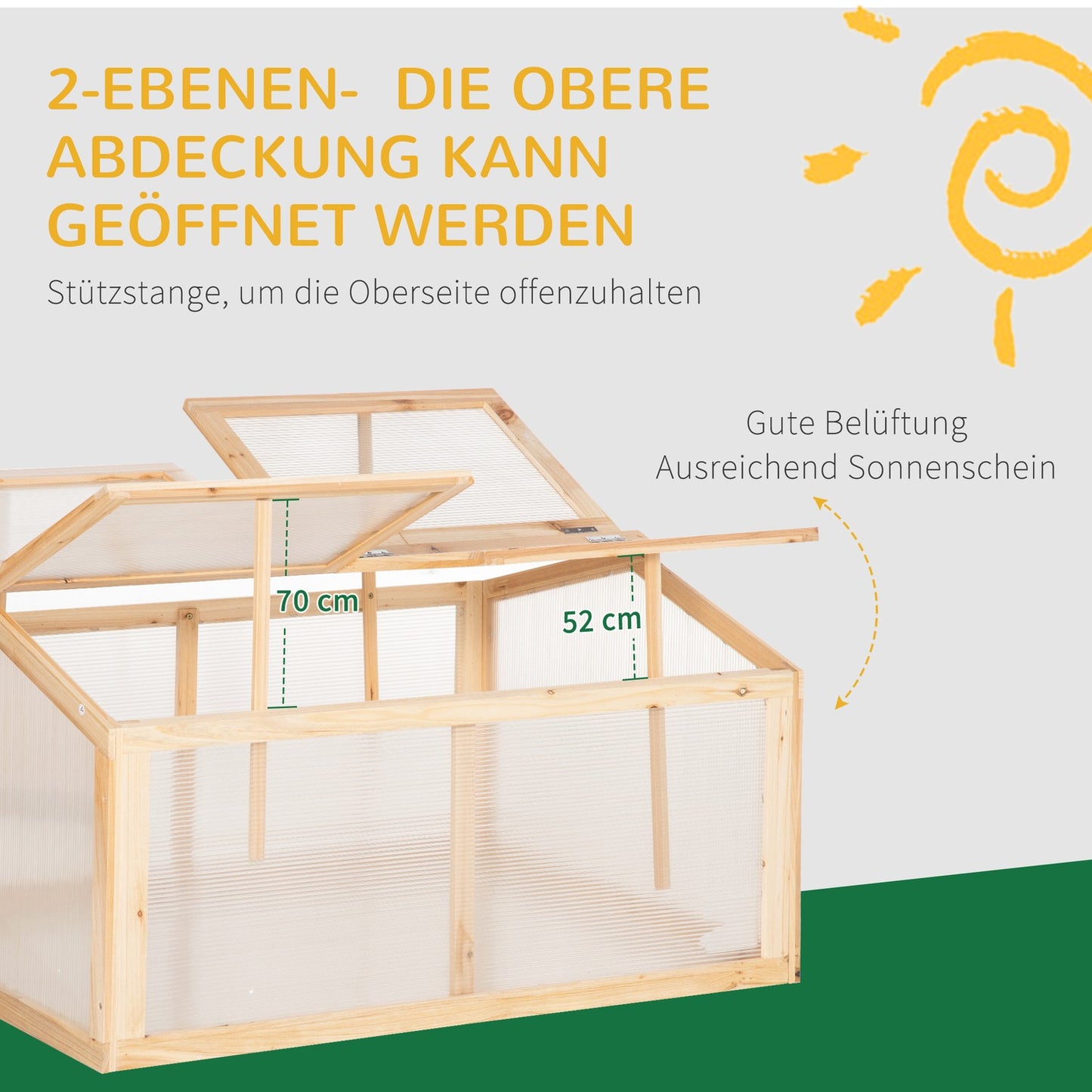 Greenhouse with wooden cold frame, weatherproof polycarbonate cover