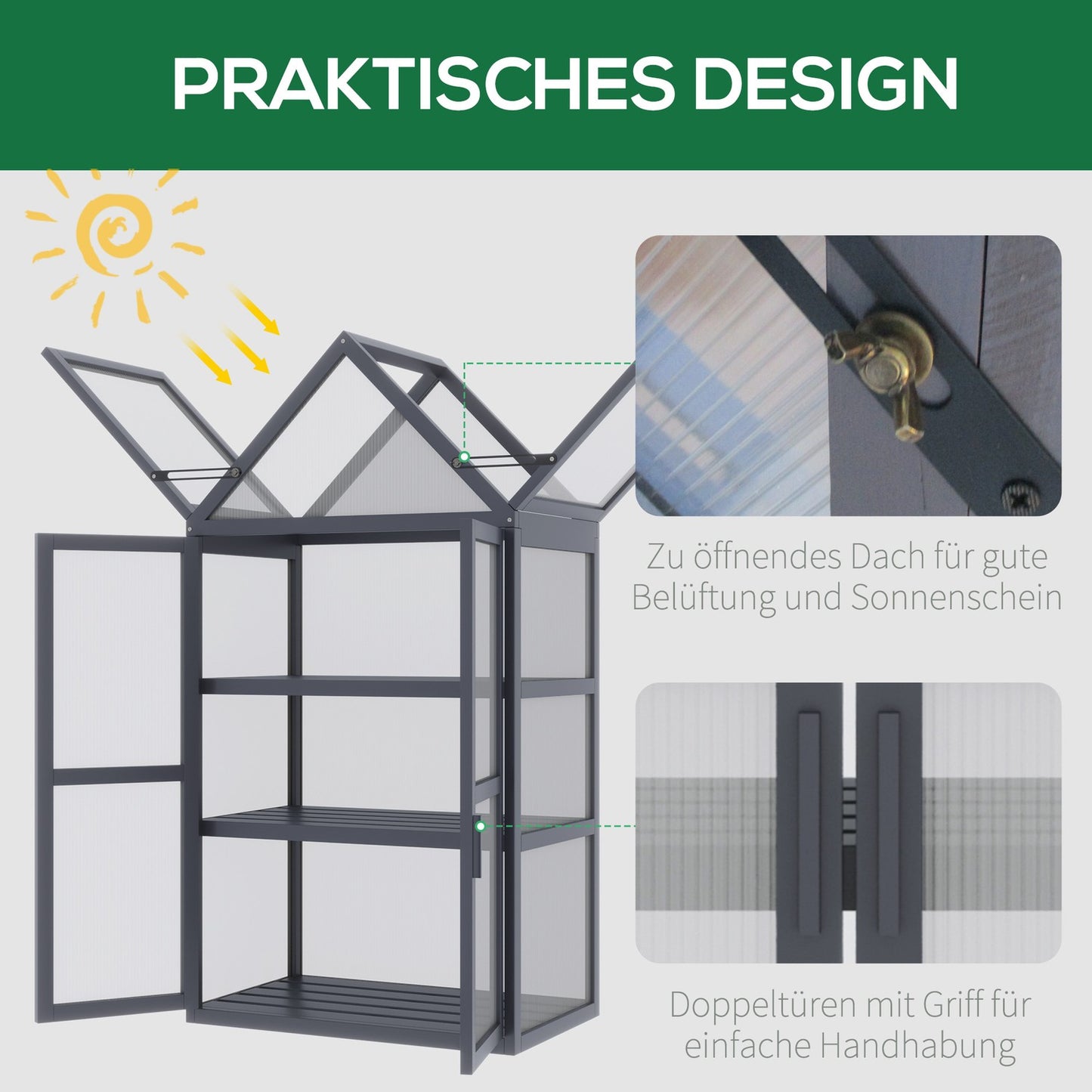 Mini greenhouse, 3-level wooden frame with hinged roof