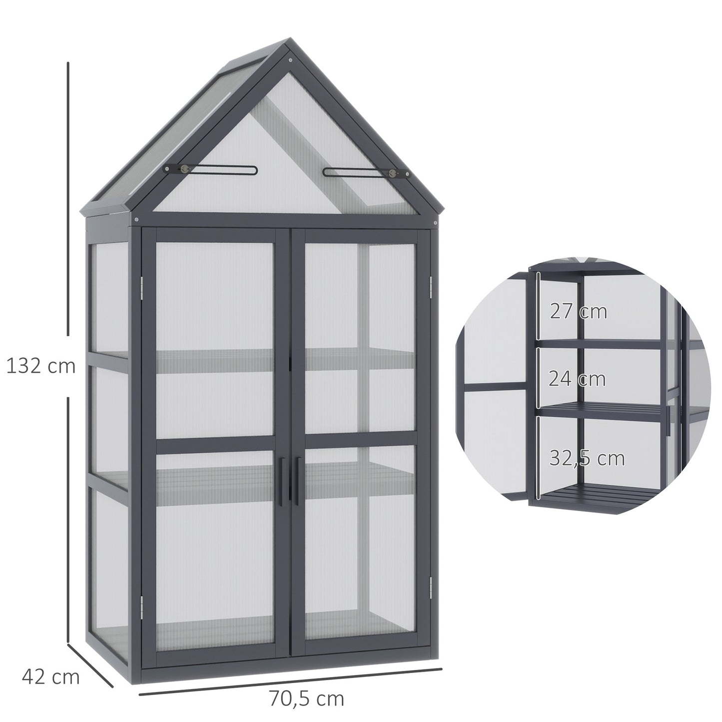 Mini greenhouse, 3-level wooden frame with hinged roof
