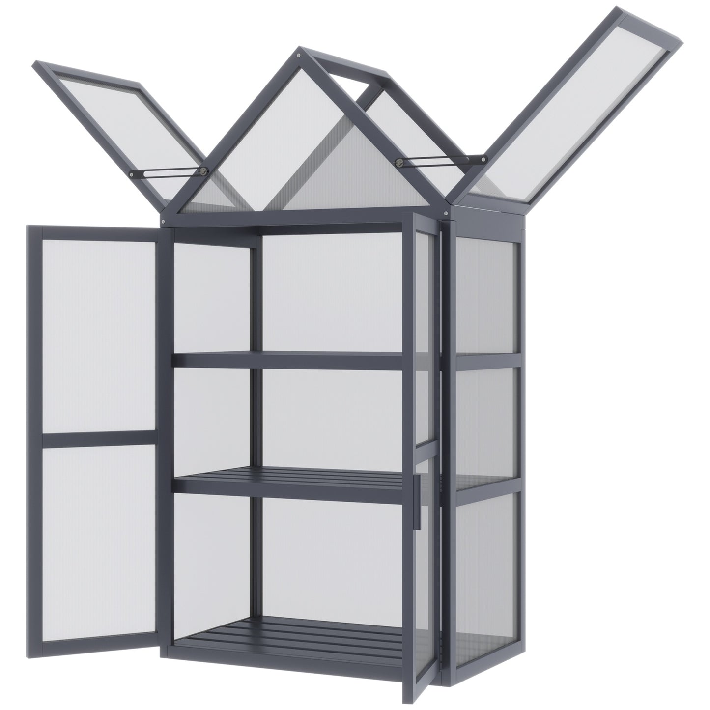Mini greenhouse, 3-level wooden frame with hinged roof
