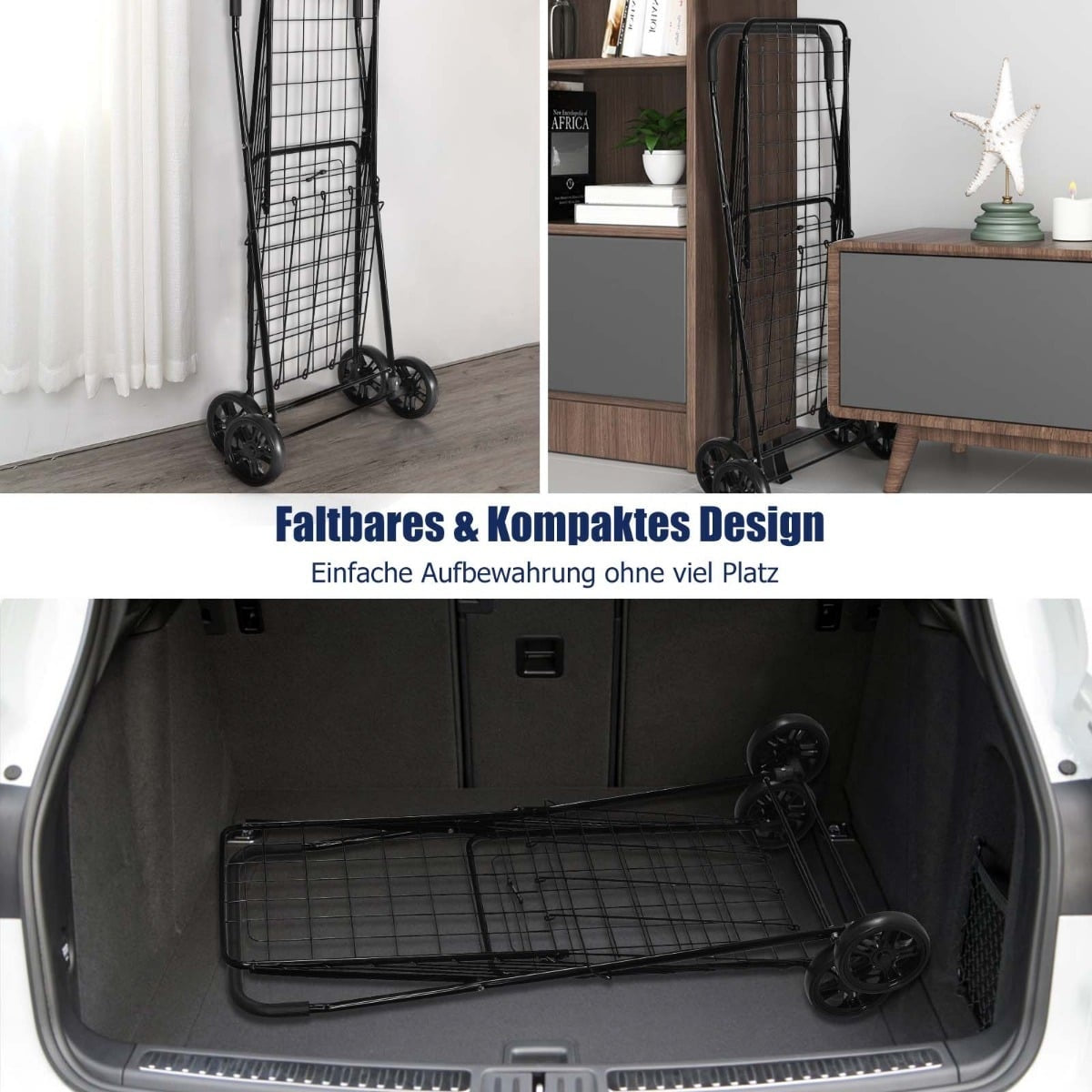 Collapsible Shopping Cart with Wheels, Black, 45 kg Capacity