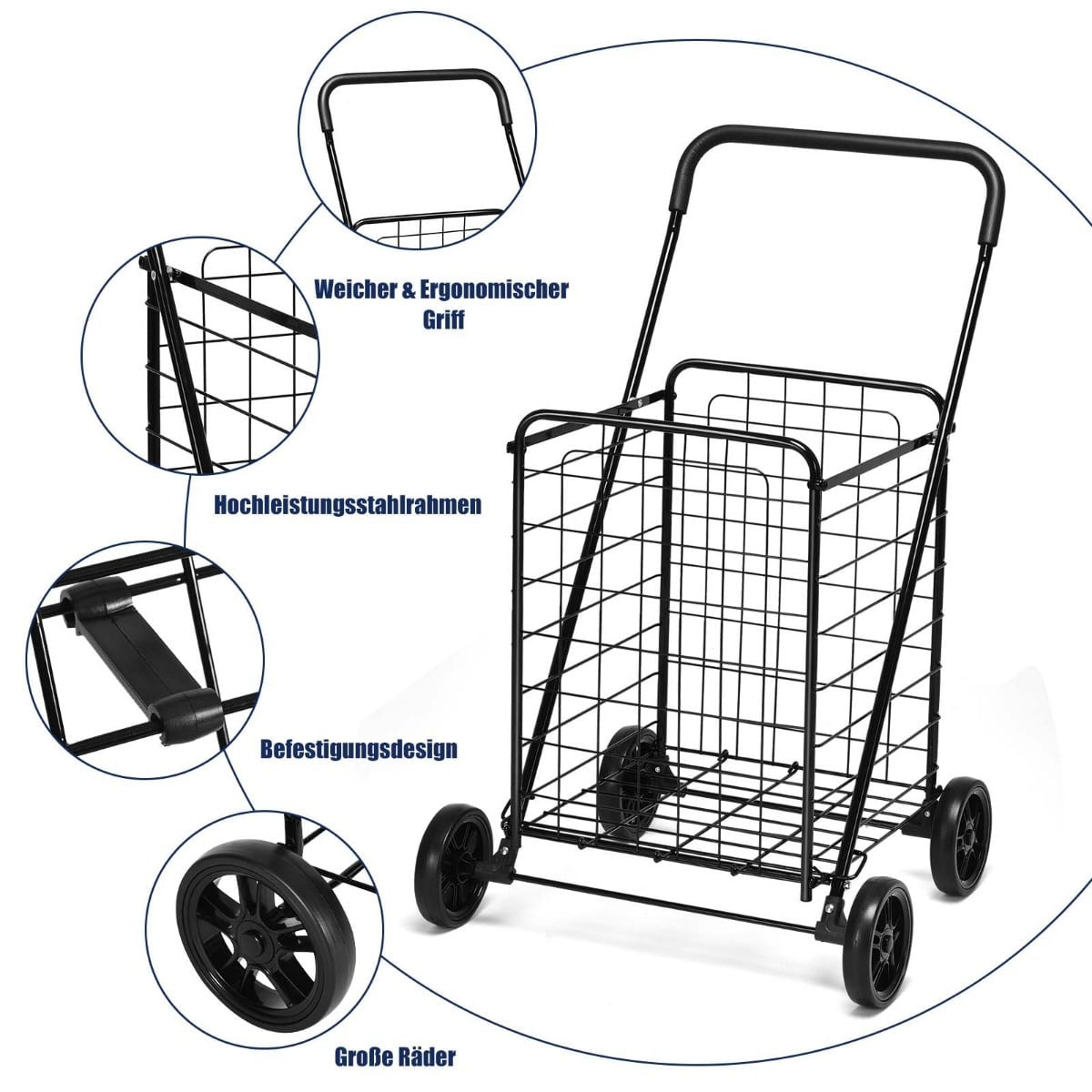 Collapsible Shopping Cart with Wheels, Black, 45 kg Capacity