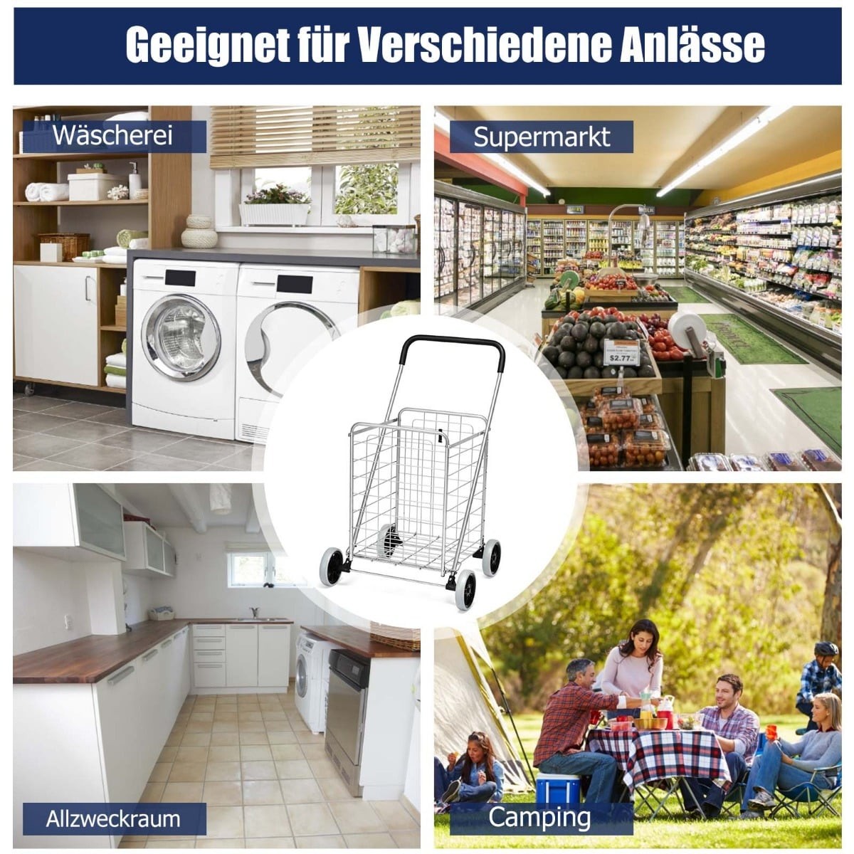 Collapsible Shopping Cart with Wheels, Silver, 45kg Capacity