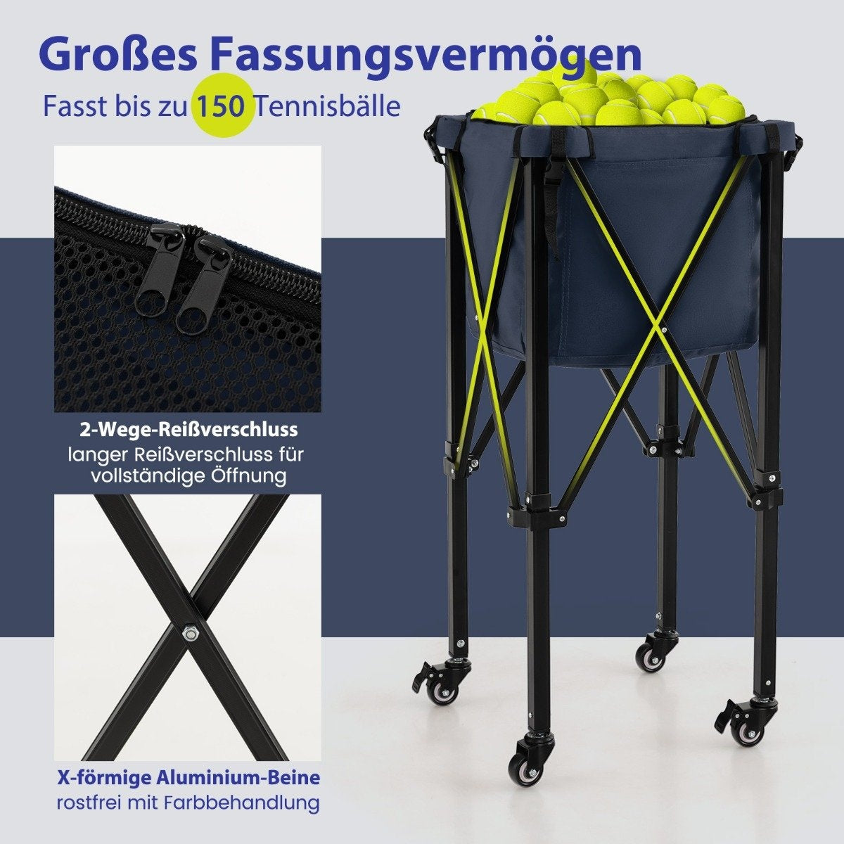 Collapsible Tennis Ball Cart with Wheels, Holds 150 Balls