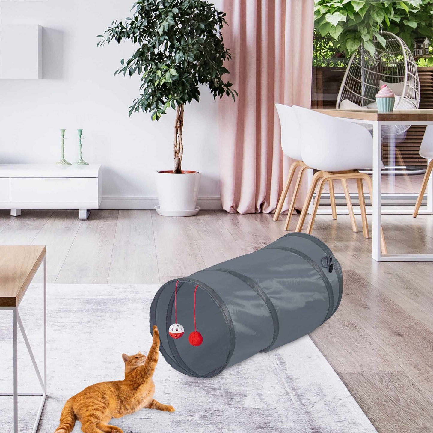 Collapsible cat tunnel with toys