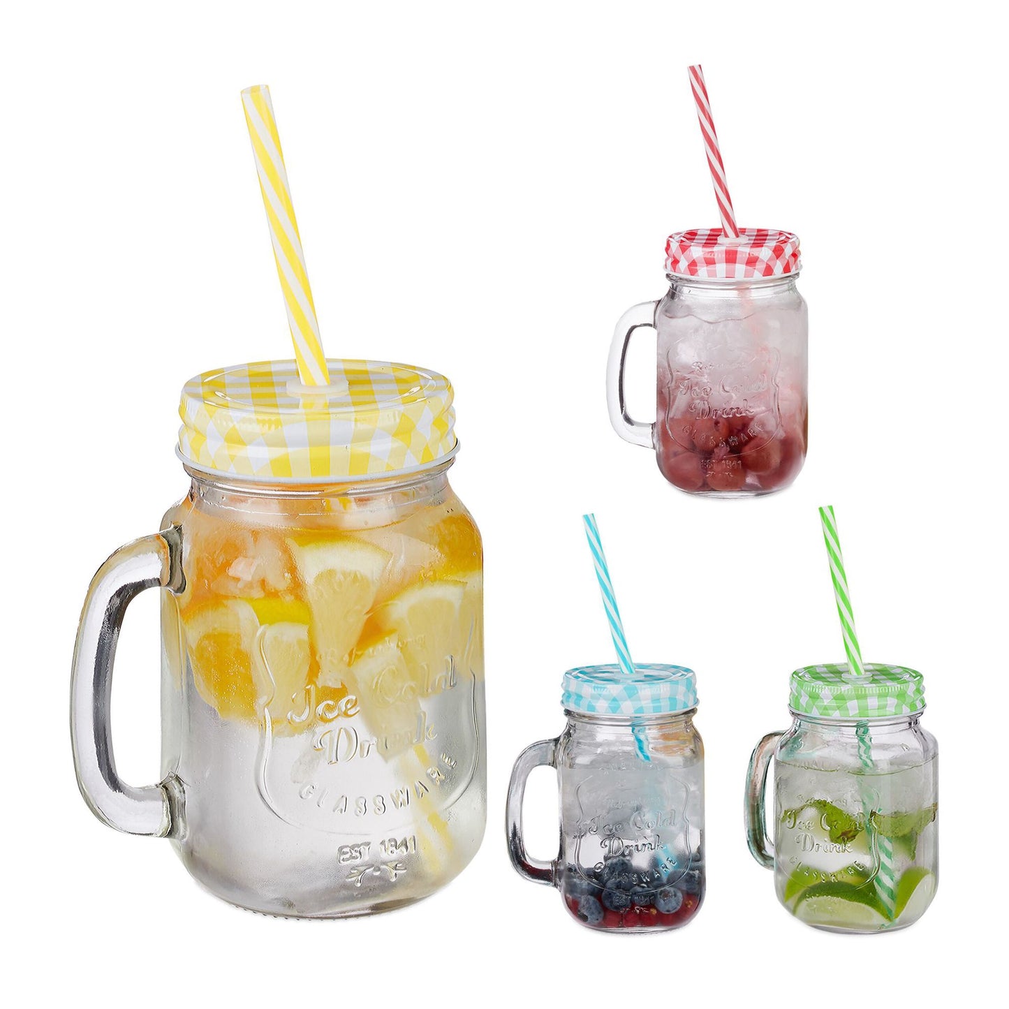 Colorful drinking glasses with lids set of 4