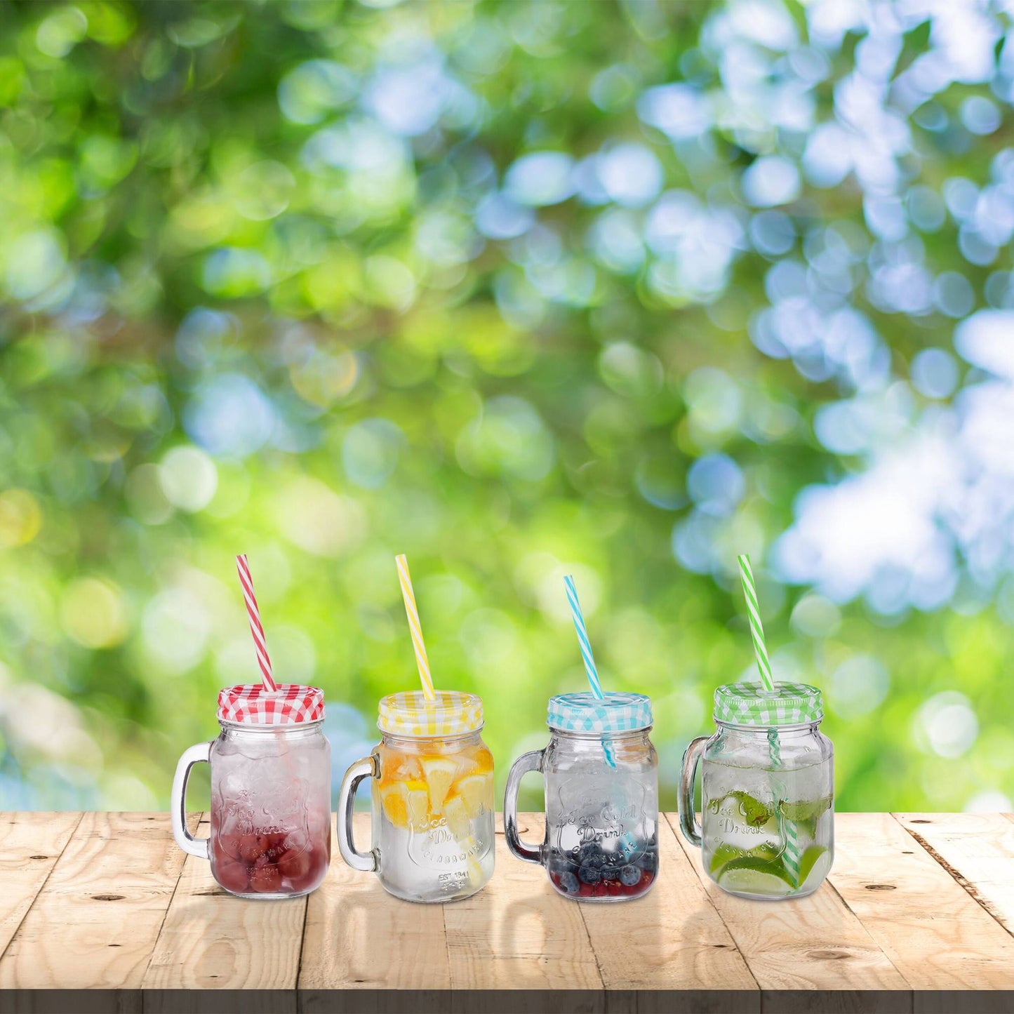 Colorful drinking glasses with lids set of 4