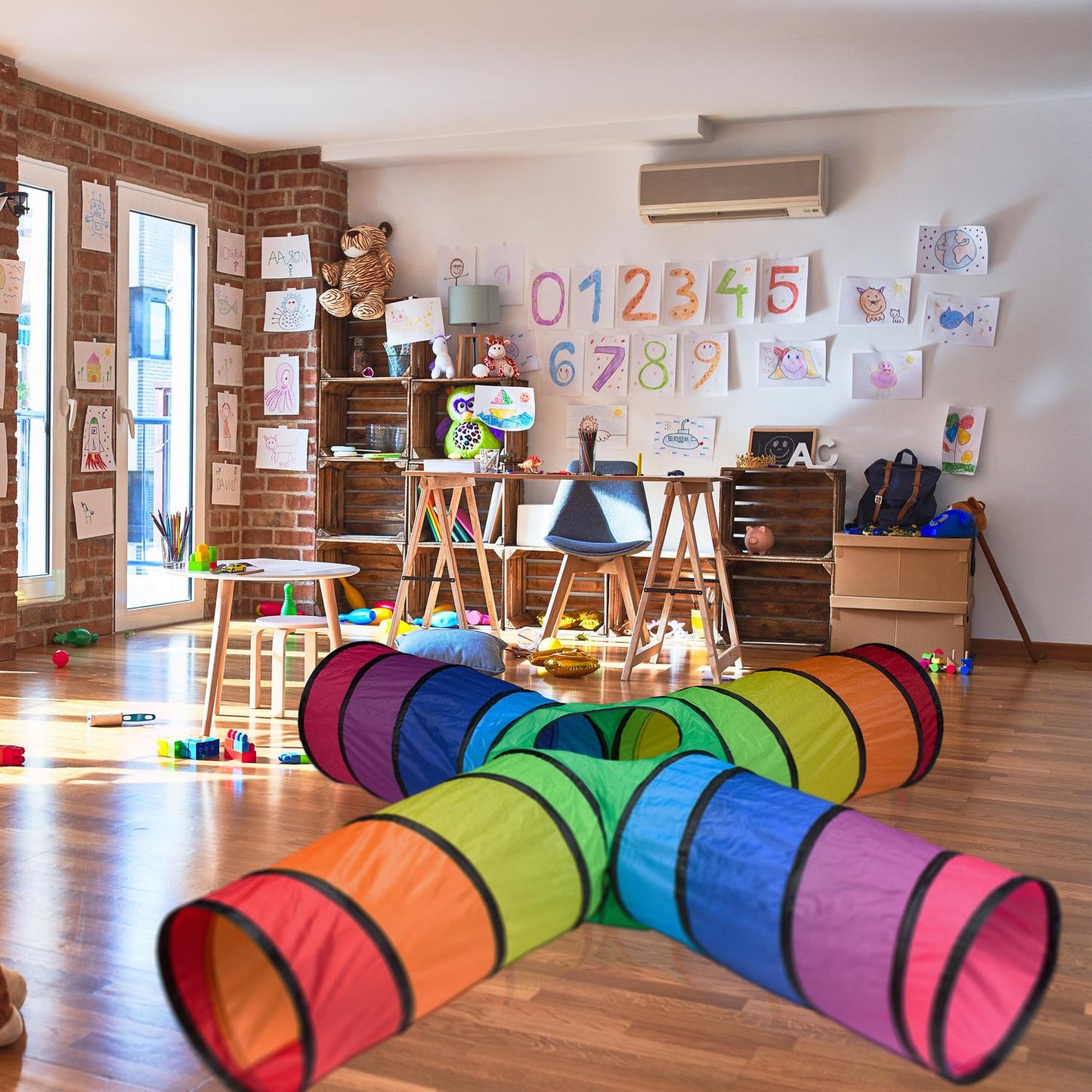 Colorful play tunnel with 4 pipes