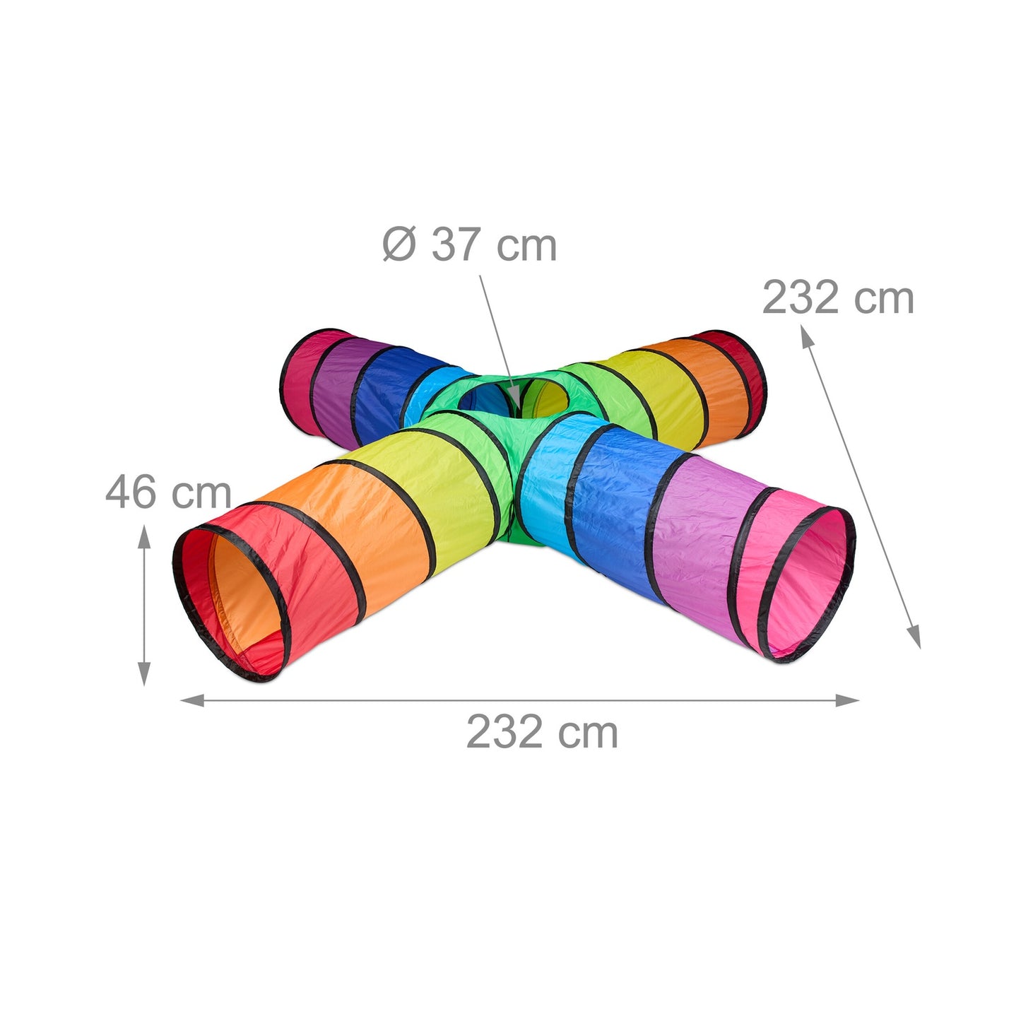 Colorful play tunnel with 4 pipes