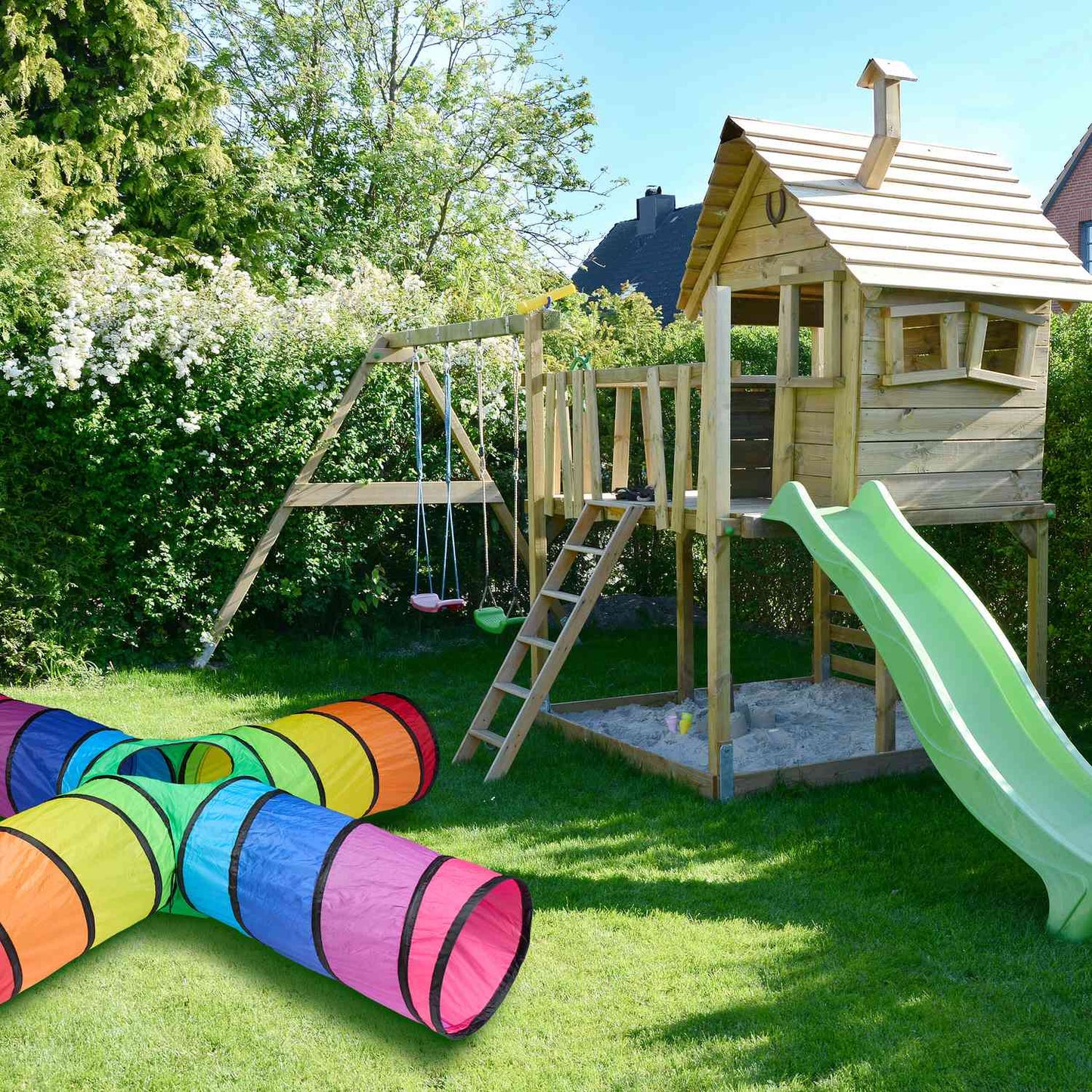Colorful play tunnel with 4 pipes