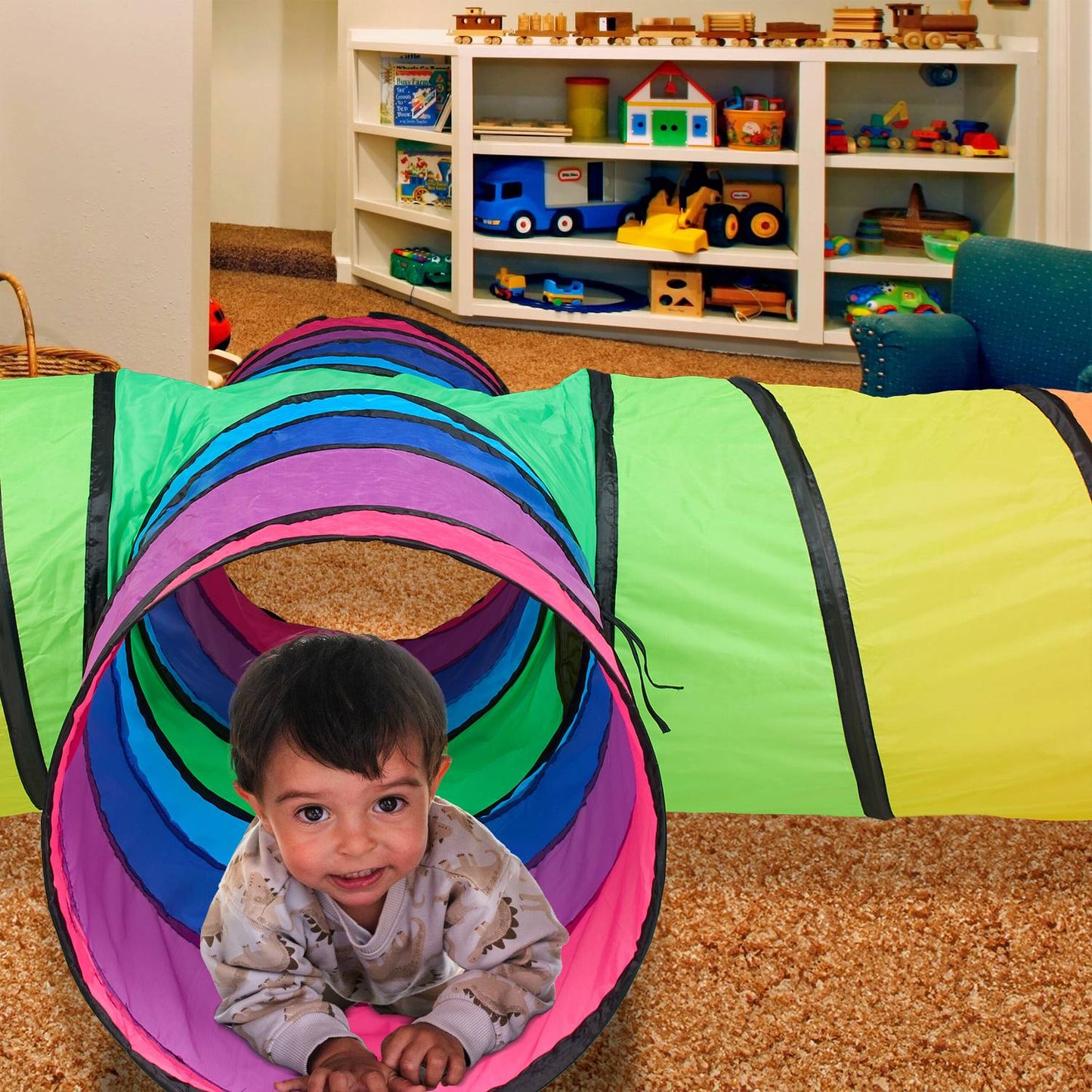 Colorful play tunnel with 4 pipes