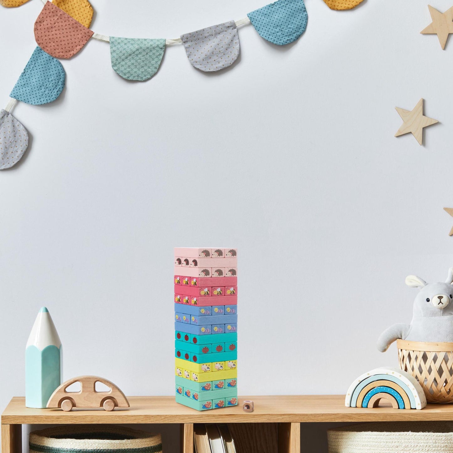 Colorful wooden swing tower with animals