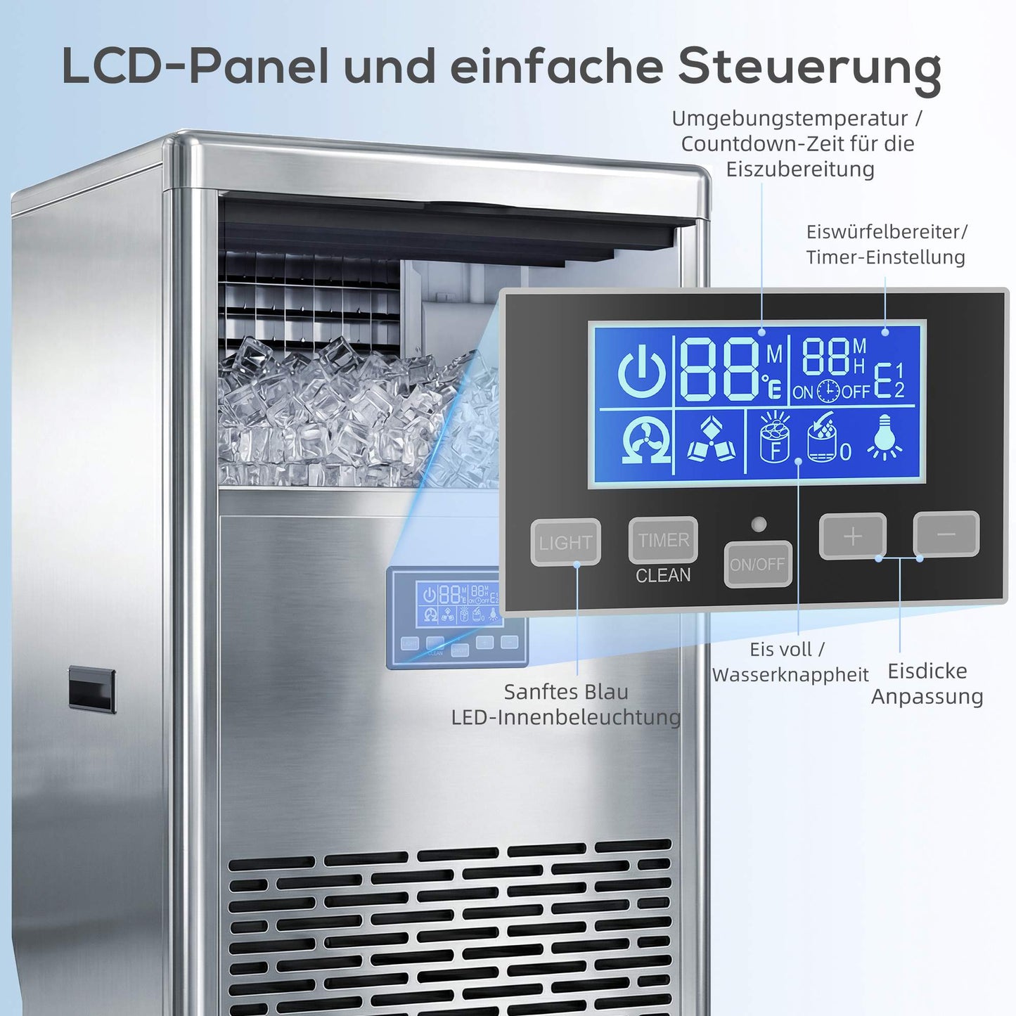 Commercial Ice Maker, 45kg/Day, Stainless Steel, LCD Panel