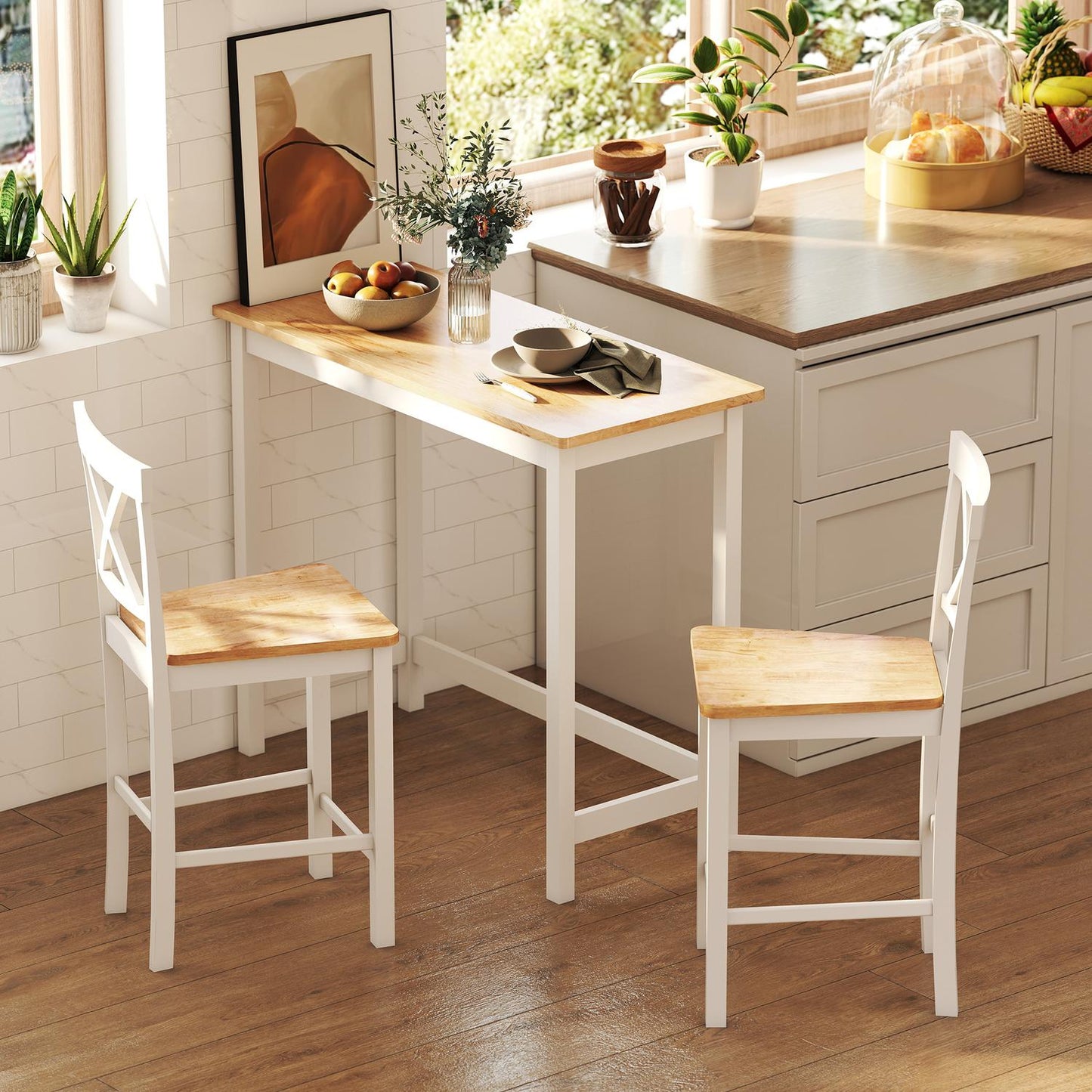 Compact Bar Table for 2, Oak Finish, Rubberwood