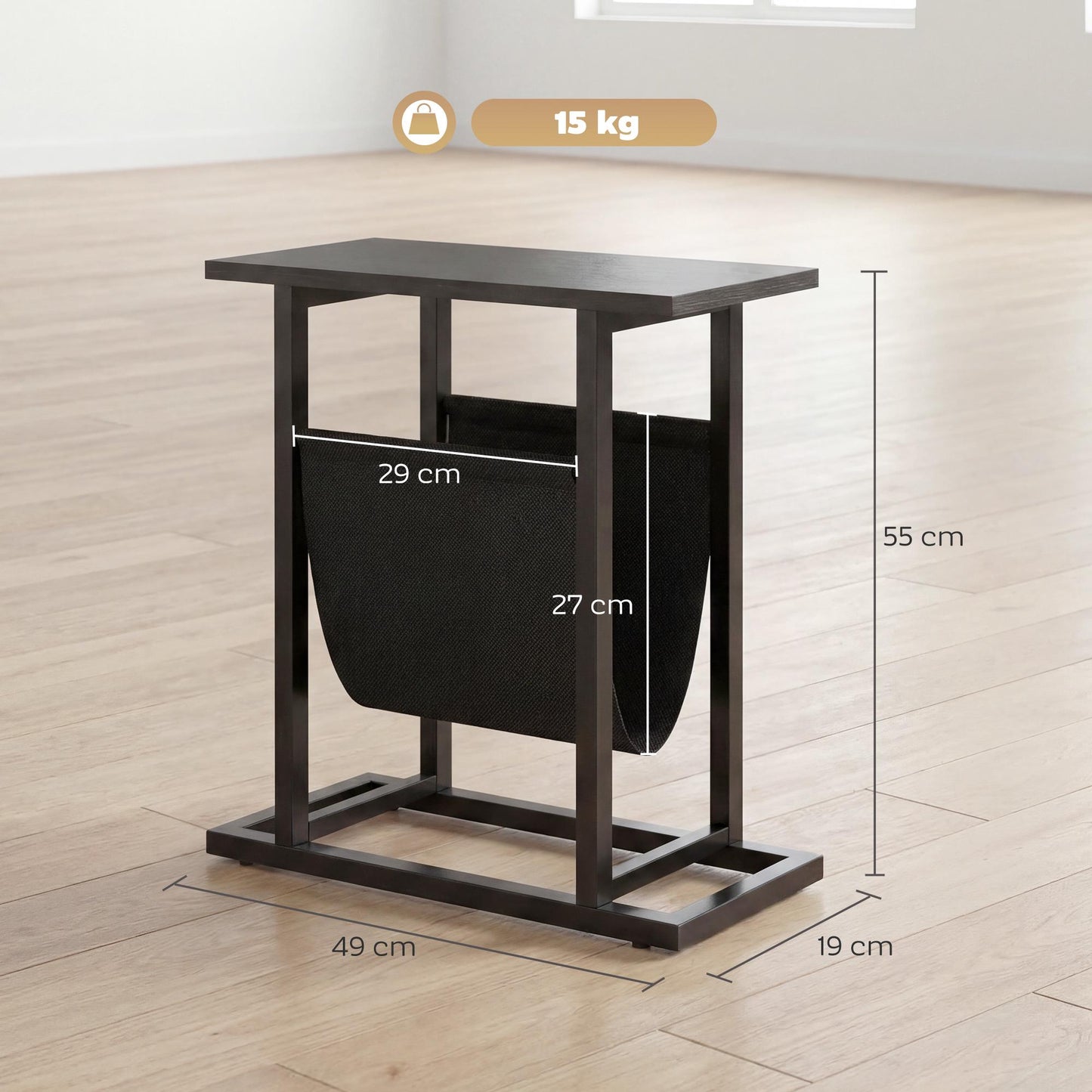 Compact Black Side Table with Steel Frame and Fabric Pocket