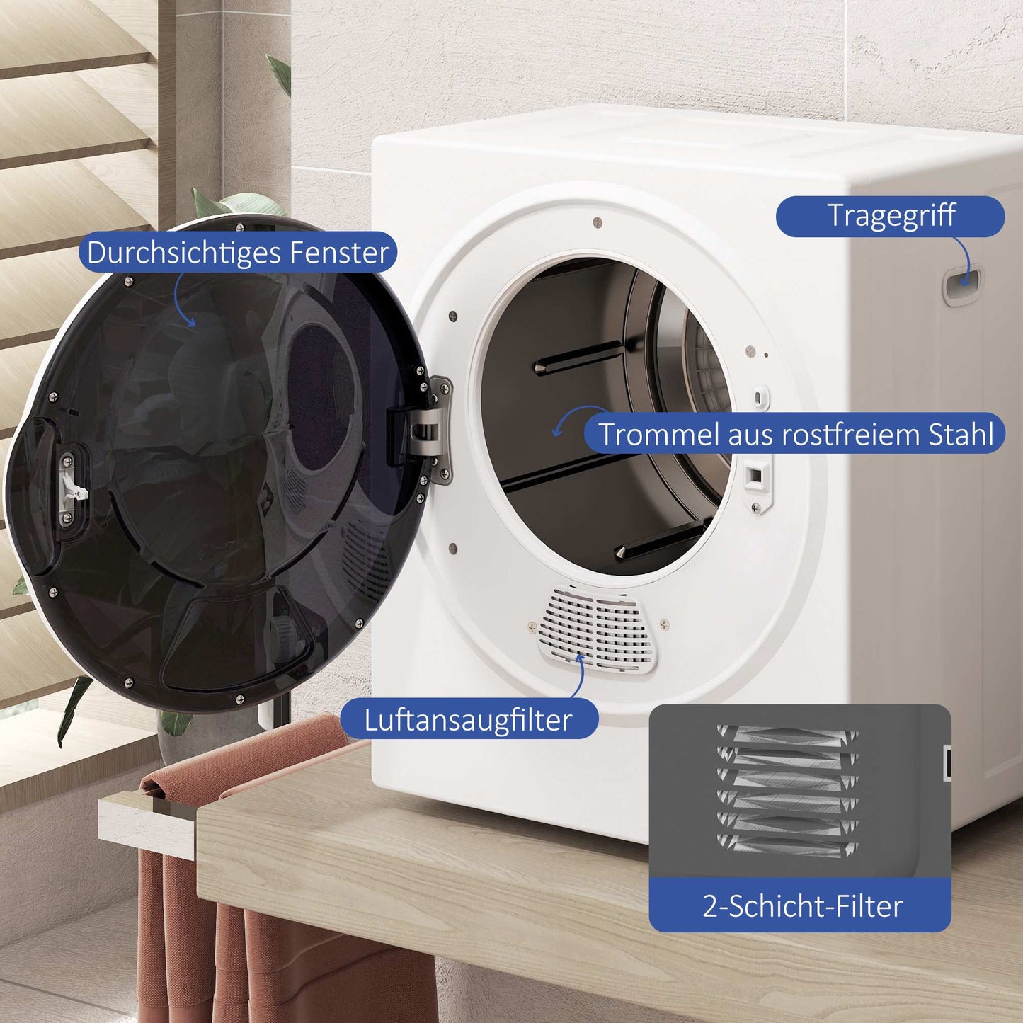 Compact Clothes Dryer, 360 Turbo Drum, 4kg Capacity