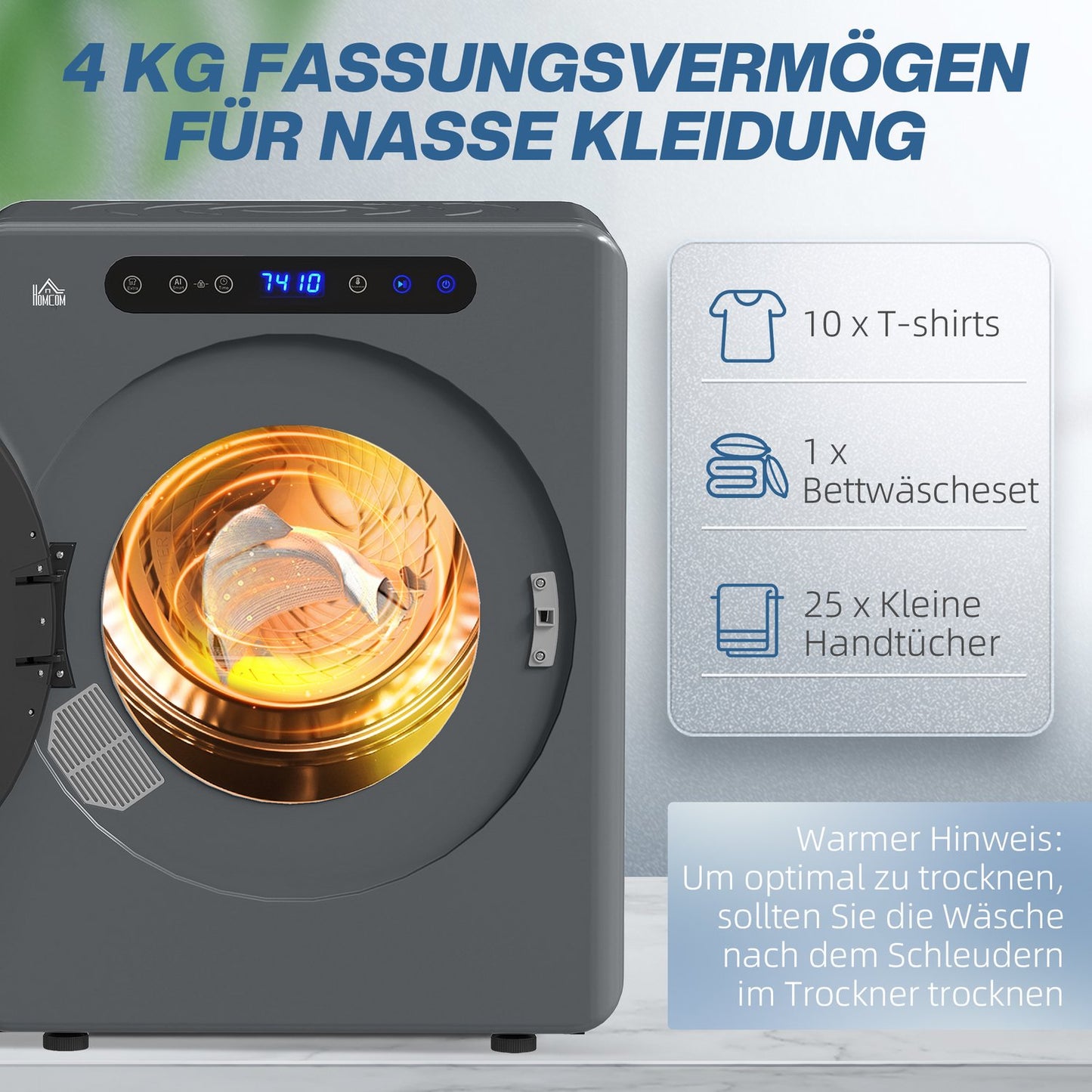 Compact Clothes Dryer, 4kg Capacity, 6 Programs, Touch Control