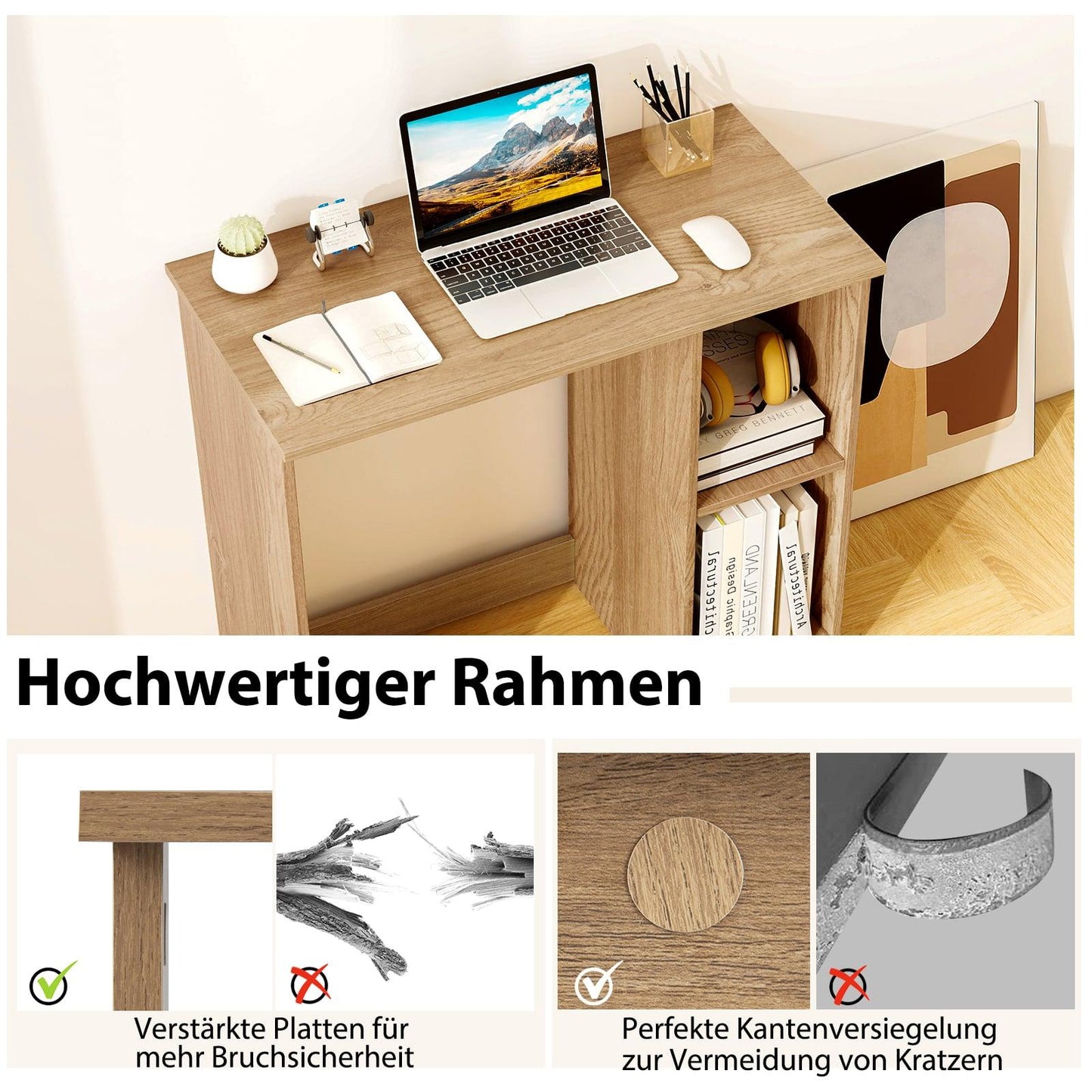Compact Desk with 2 Shelves, 80x40x74 cm, Natural Wood