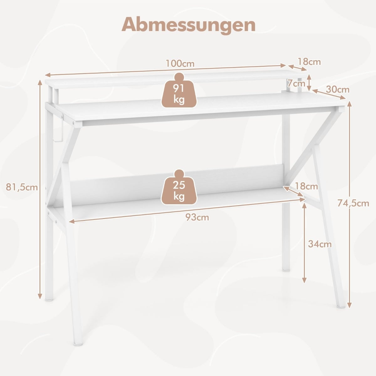 Compact Desk with Monitor Stand, Shelf, White, 100x50 cm