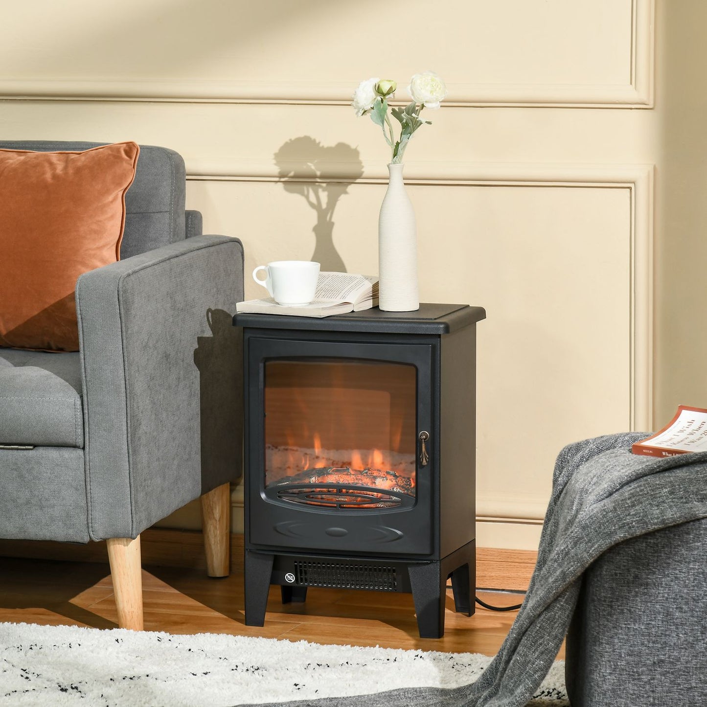 Compact Electric Fireplace Heater, 900W/1800W, Black