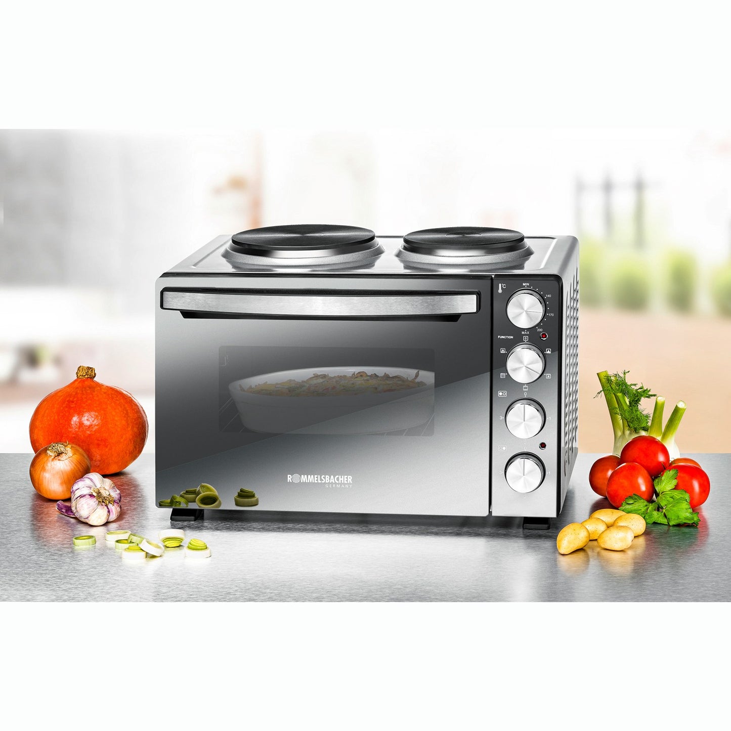 Compact Electric Oven with Hotplates, 30L, 3250W, Mirror Glass