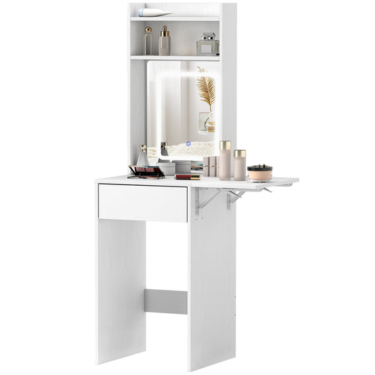 Compact dressing table with mirror and LED lighting, foldable tabletop, open shelves, drawer, MDF, white
