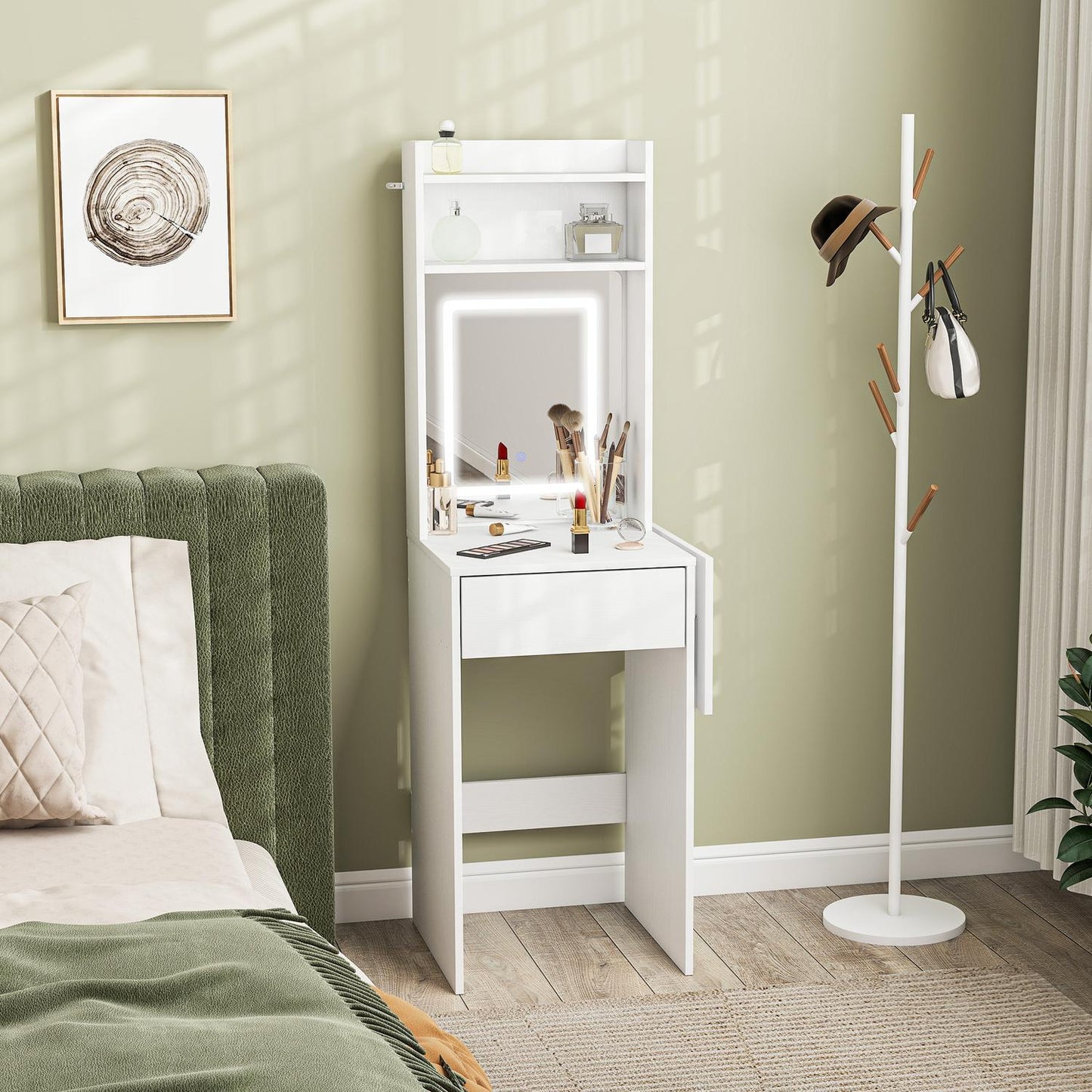 Compact dressing table with mirror and LED lighting, foldable tabletop, open shelves, drawer, MDF, white