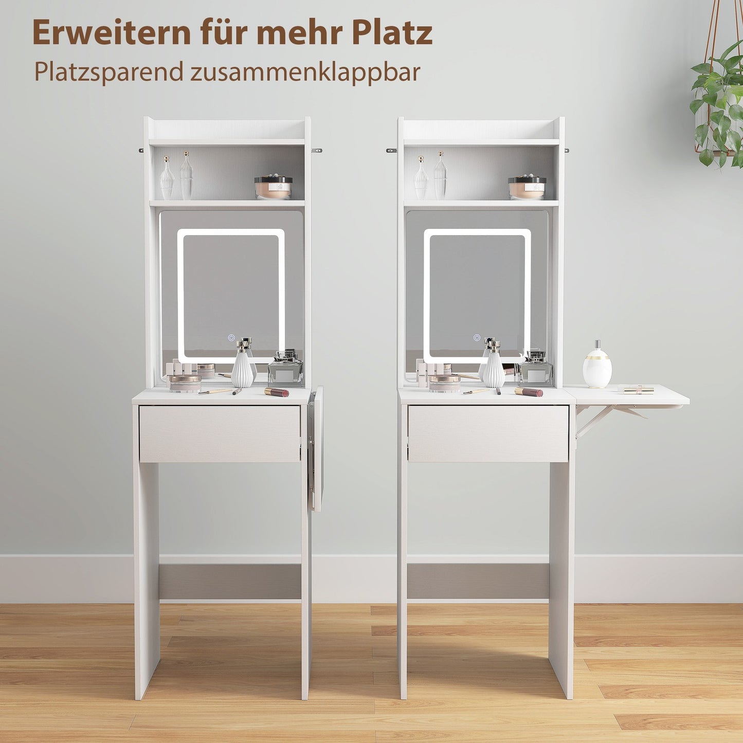 Compact dressing table with mirror and LED lighting, foldable tabletop, open shelves, drawer, MDF, white