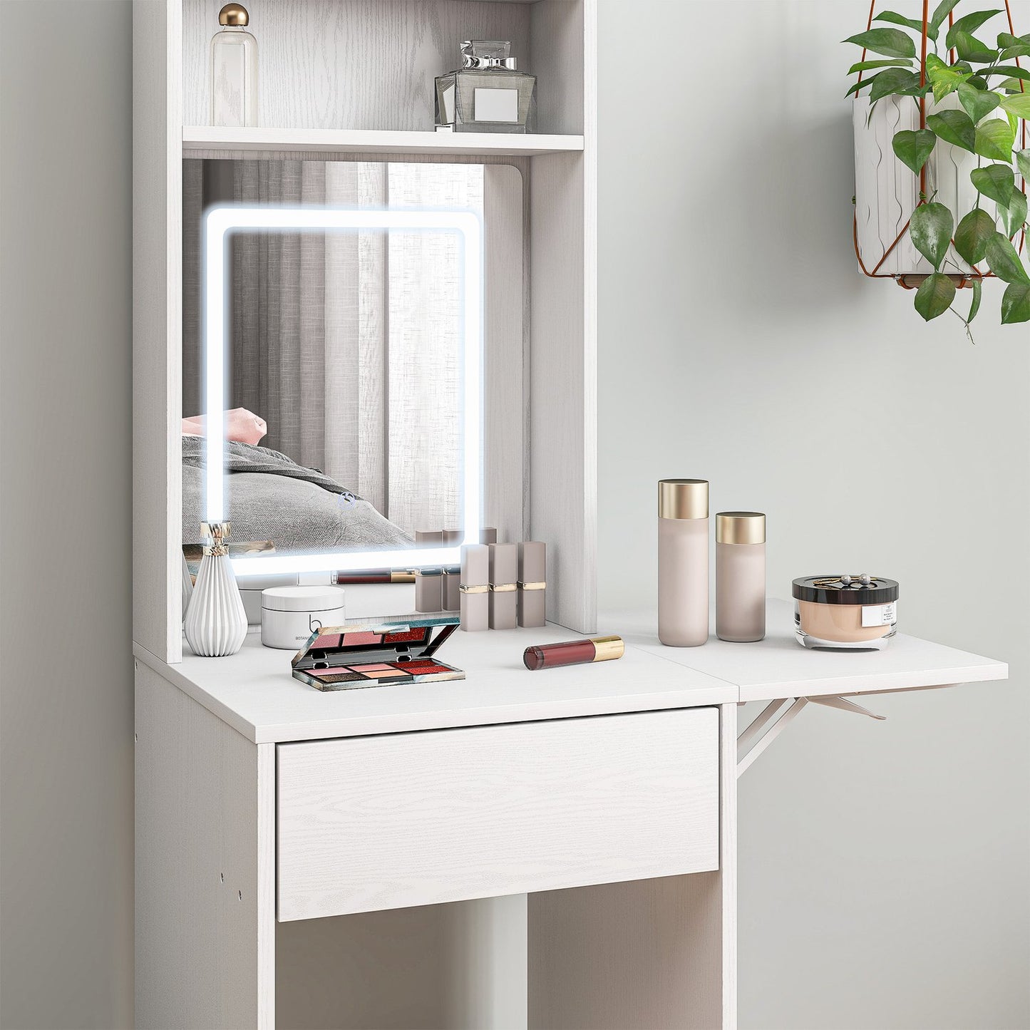 Compact dressing table with mirror and LED lighting, foldable tabletop, open shelves, drawer, MDF, white