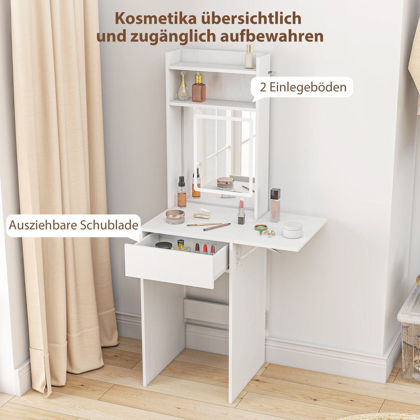 Compact dressing table with mirror and LED lighting, foldable tabletop, open shelves, drawer, MDF, white