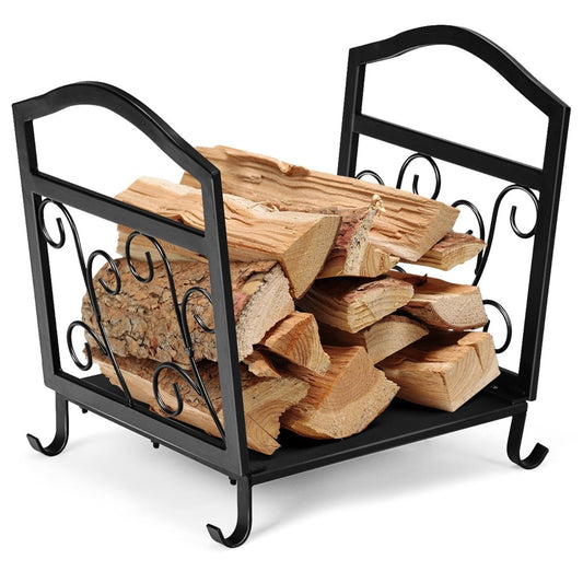 Compact metal firewood holder with raised feet and elegant patterns decorative wooden stand black