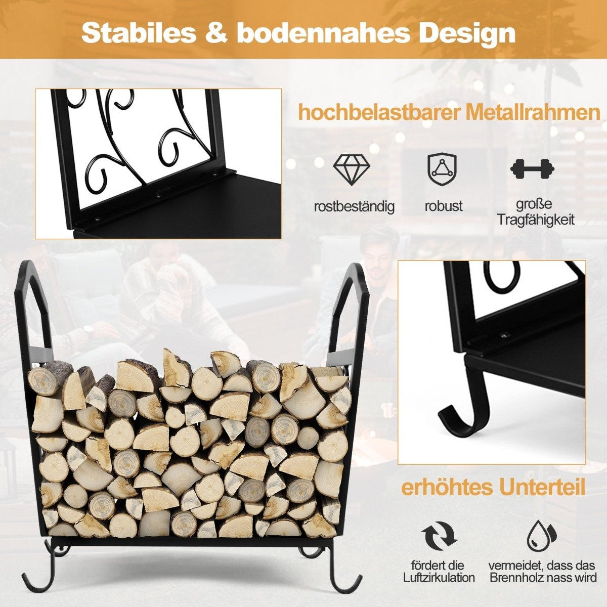 Compact metal firewood holder with raised feet and elegant patterns decorative wooden stand black