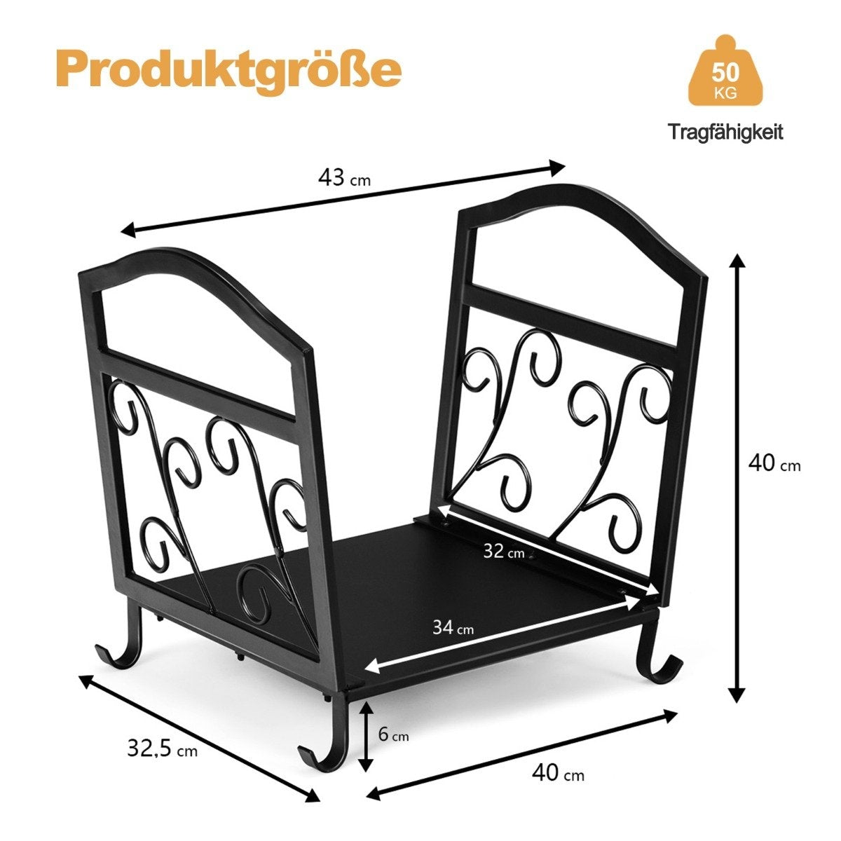 Compact metal firewood holder with raised feet and elegant patterns decorative wooden stand black