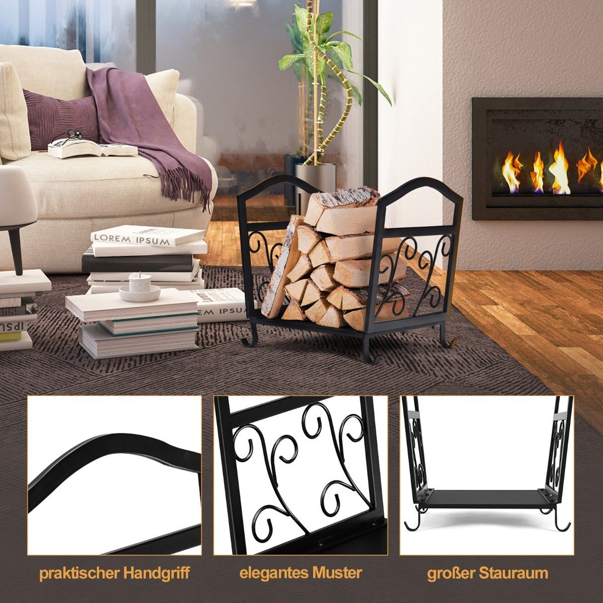 Compact metal firewood holder with raised feet and elegant patterns decorative wooden stand black