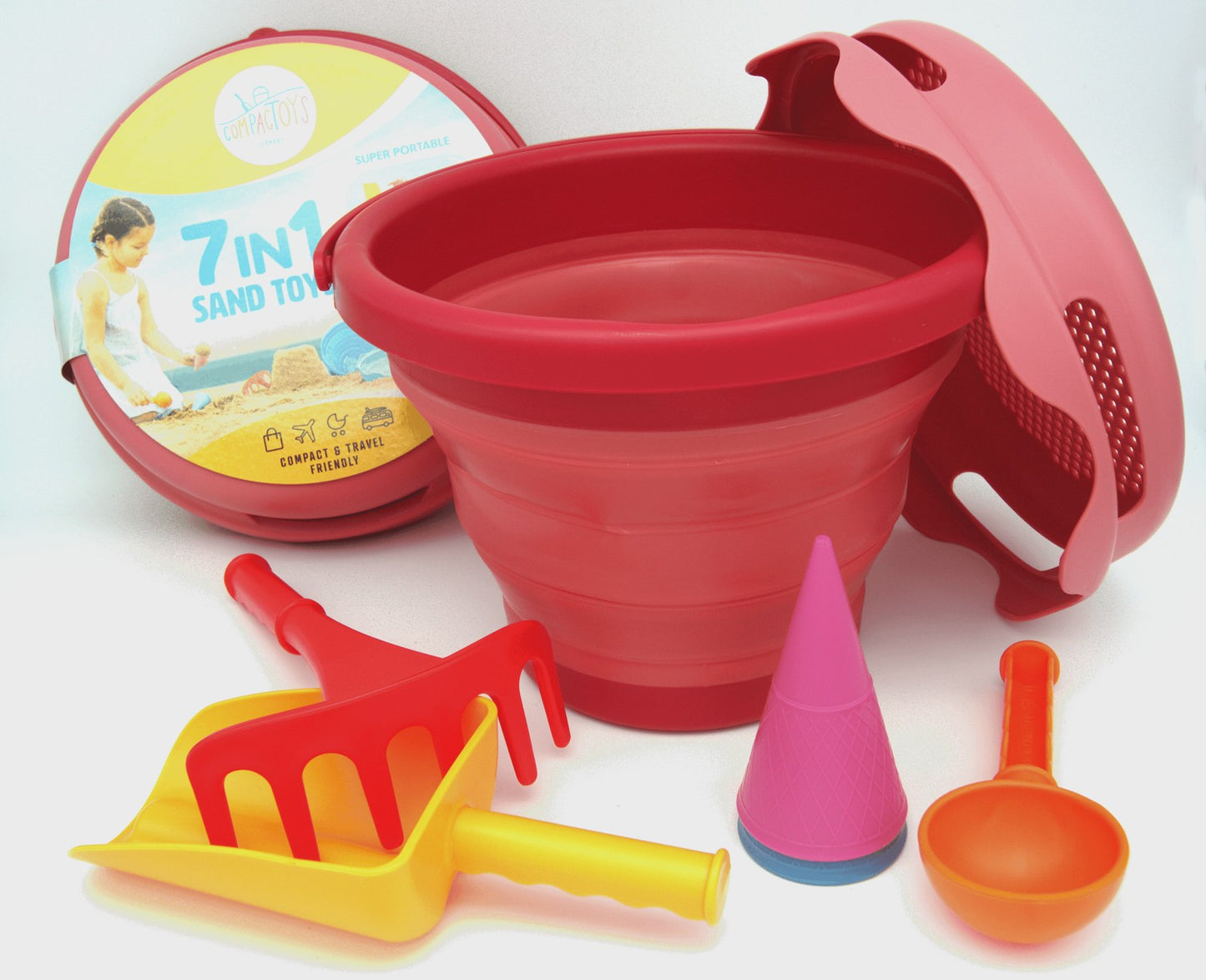 Compactoys Beach Bucket With Sandbox Toys 7 In 1, Red