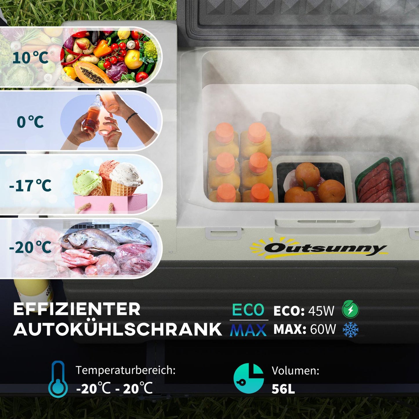 56L portable car freezer, 12/24V & 240V, -20°C, Eco/Max modes
