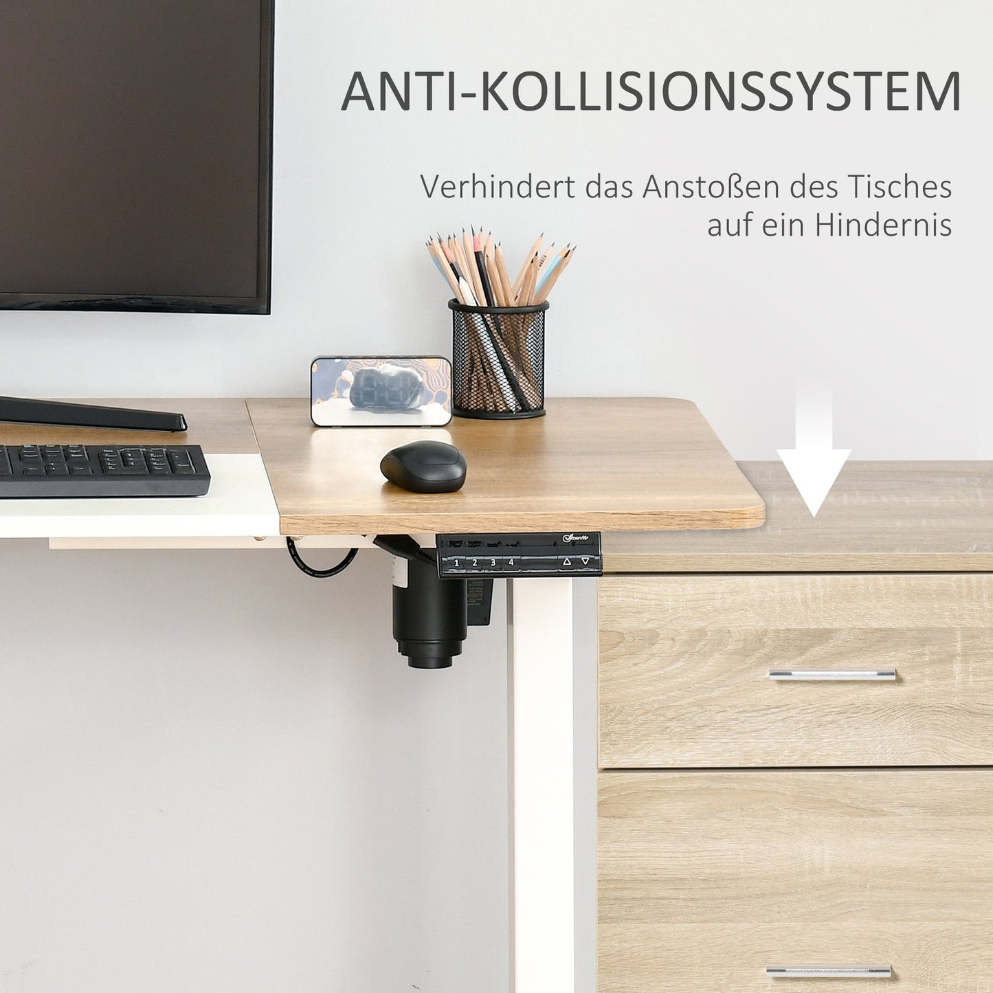 Height adjustable electric standing desk - metal frame, natural & white
