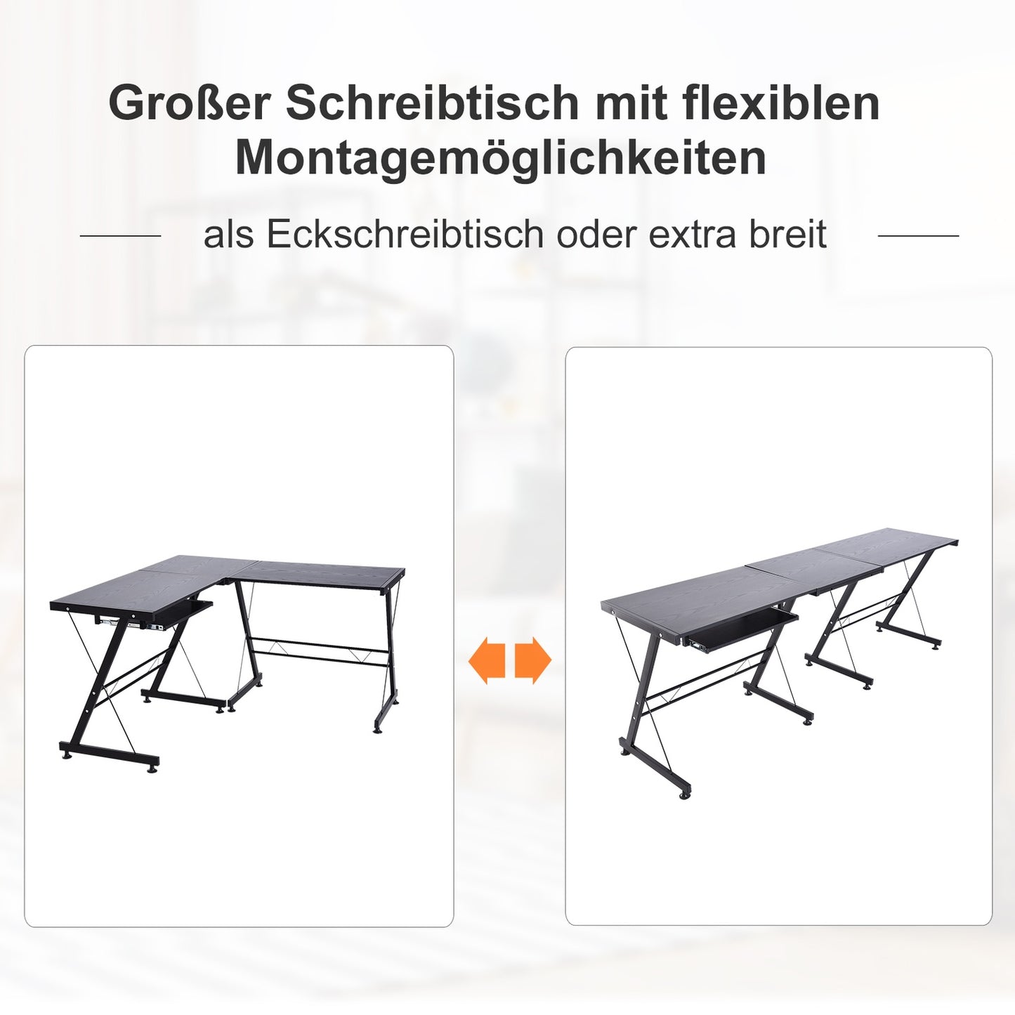 Flexible computer table - black MDF & steel, 210x50x73.5 cm