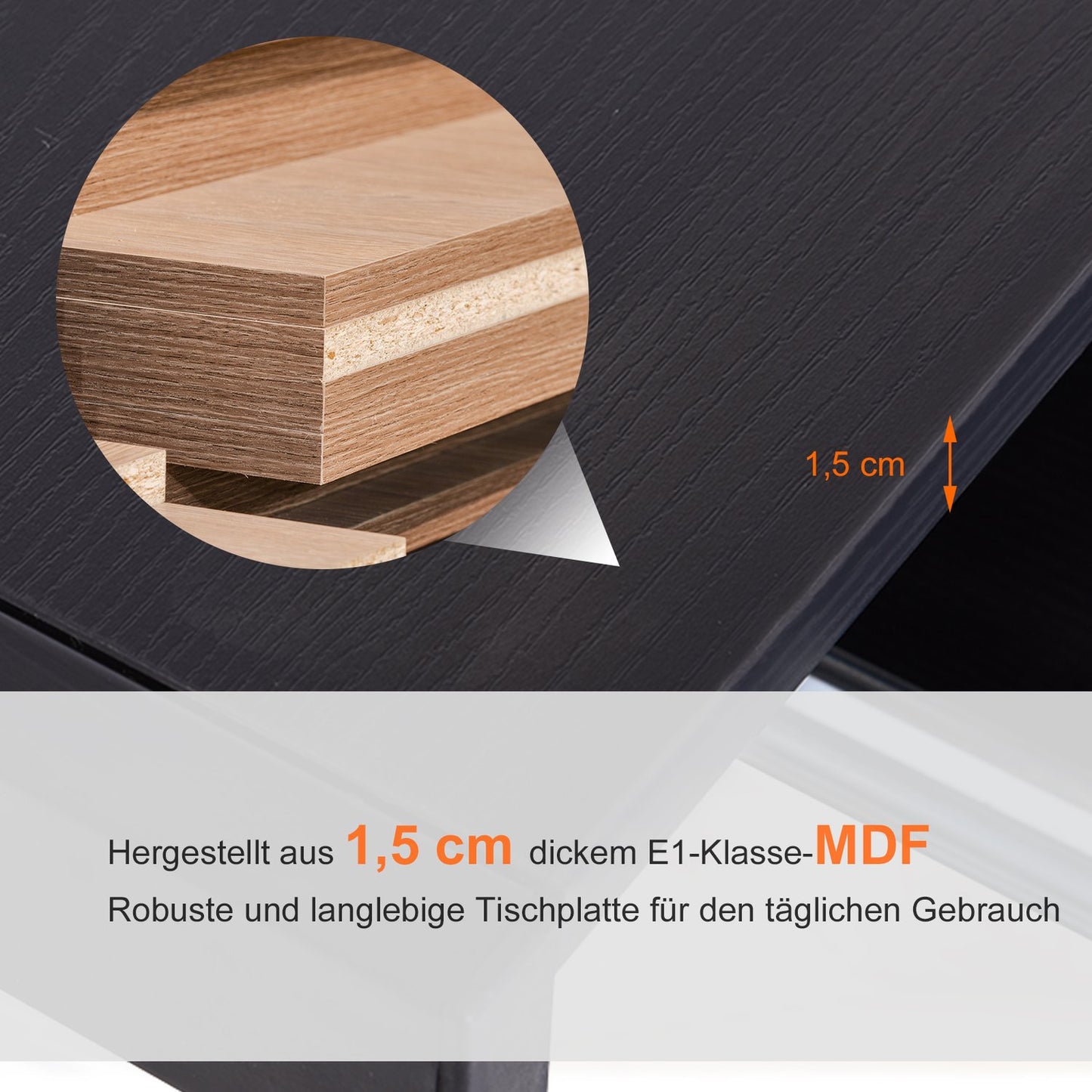 Flexible computer table - black MDF & steel, 210x50x73.5 cm