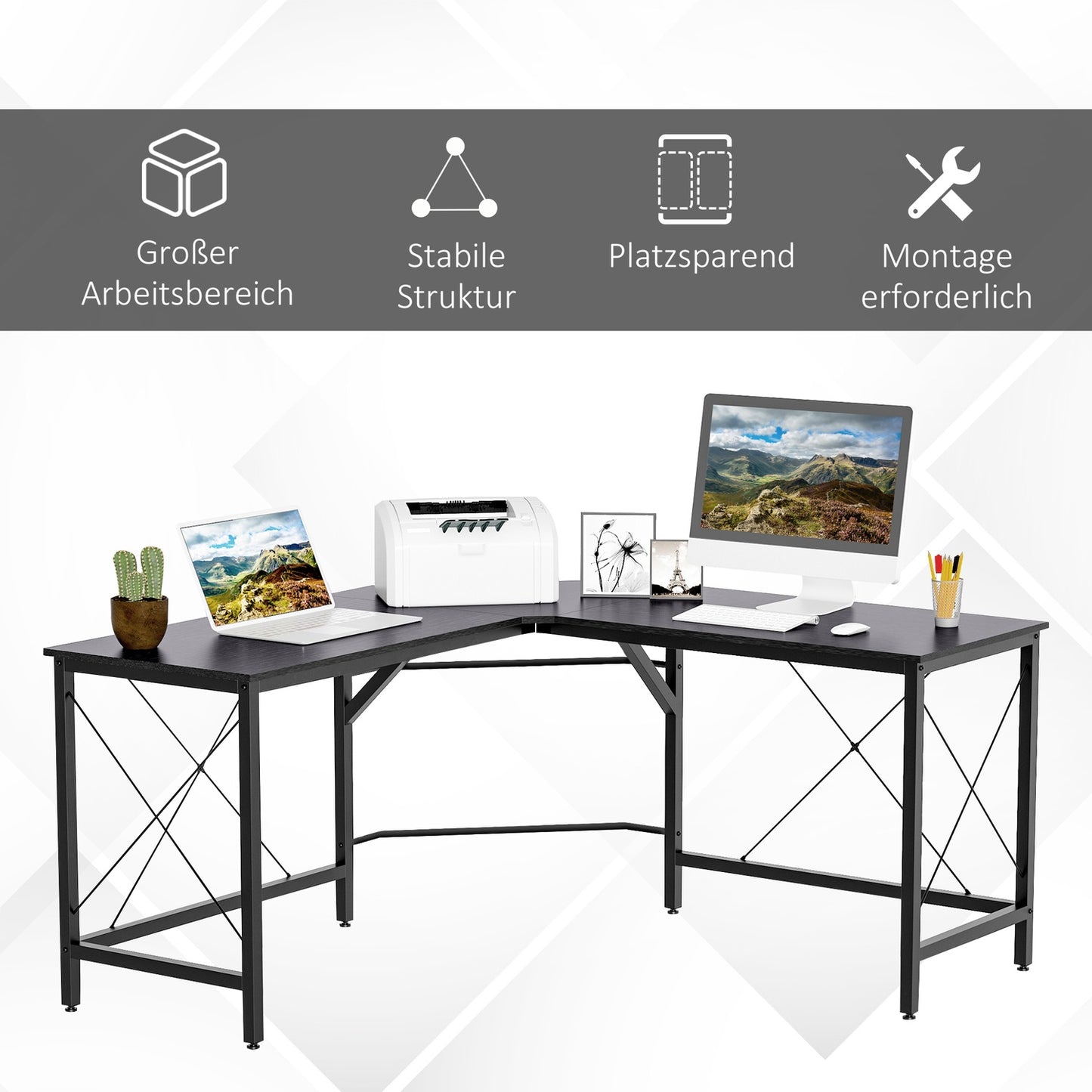 L-shaped corner desk, black MDF, 150x150x76 cm
