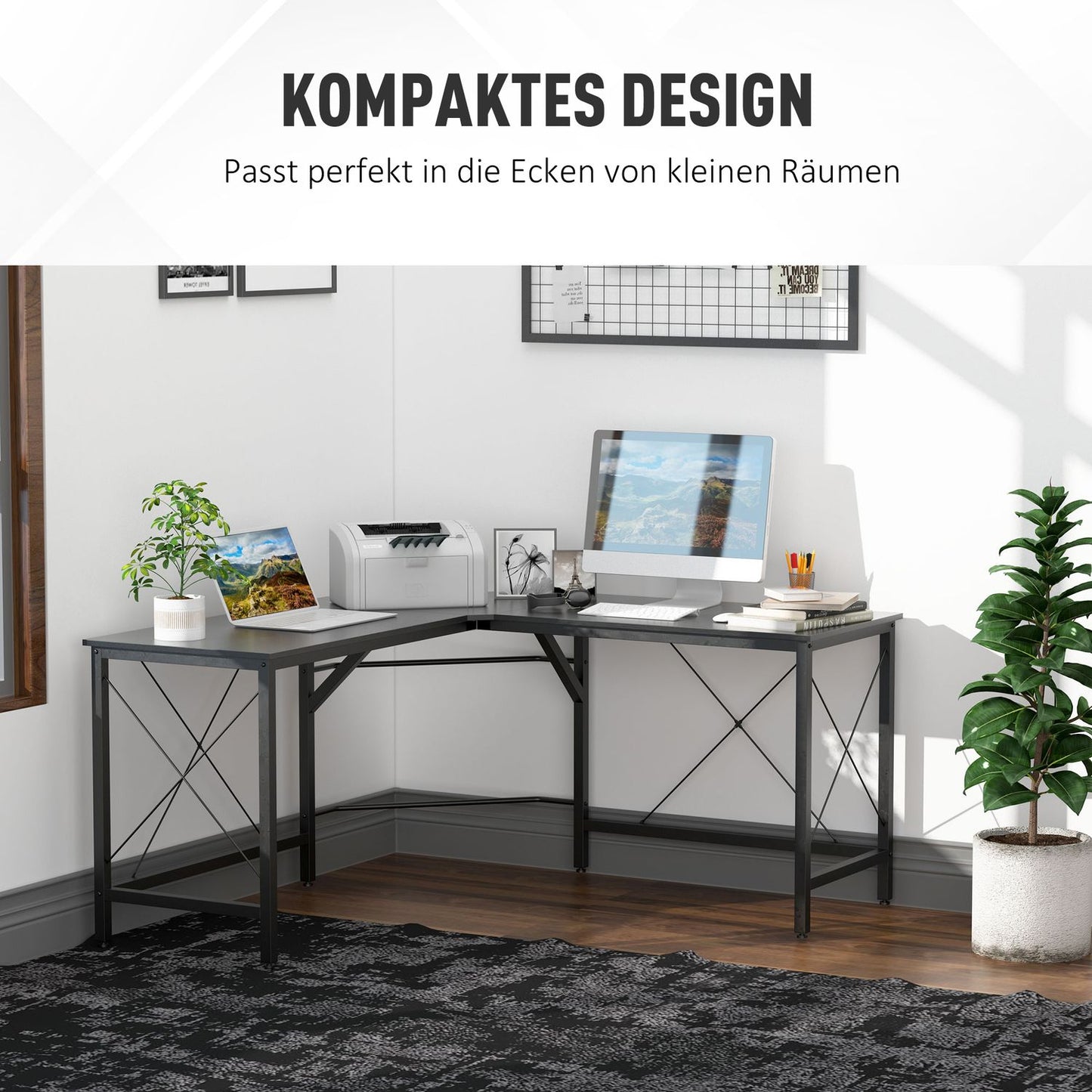 L-shaped corner desk, black MDF, 150x150x76 cm