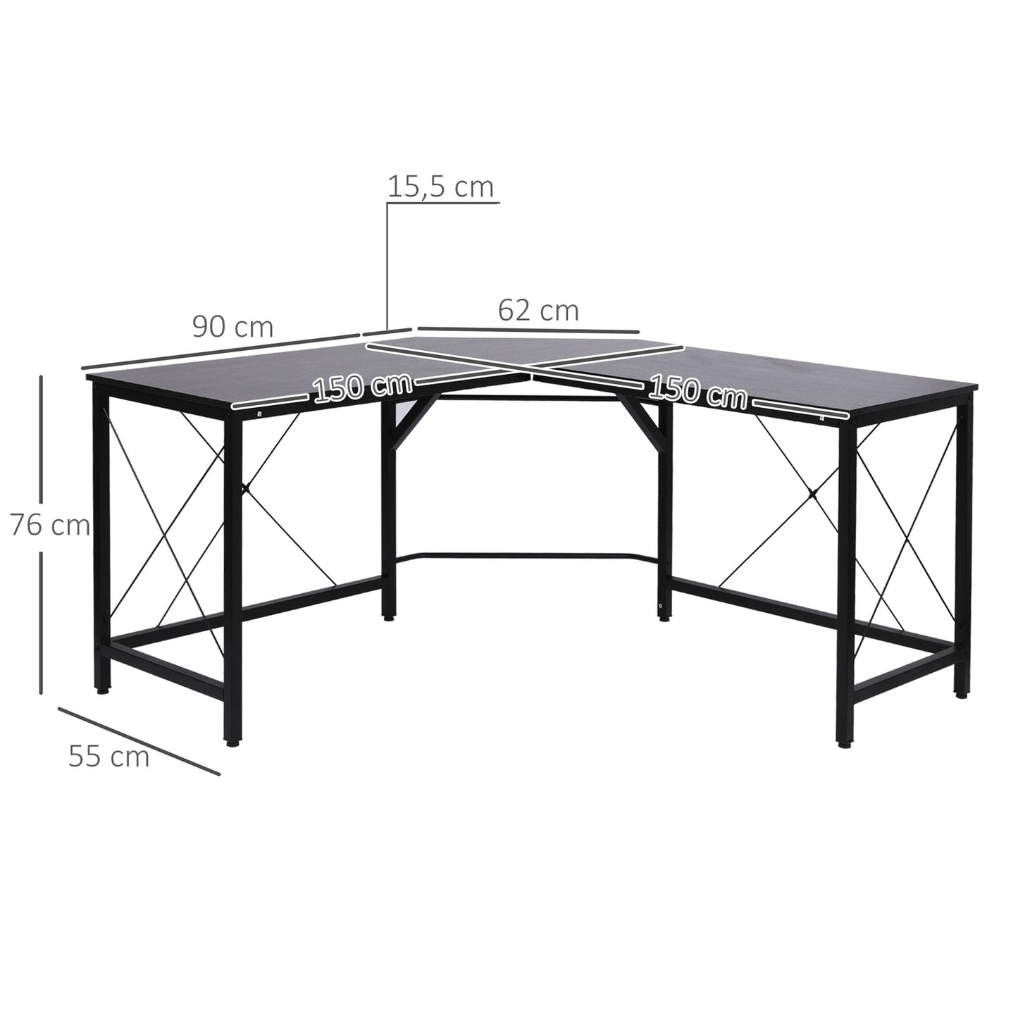 L-shaped corner desk, black MDF, 150x150x76 cm
